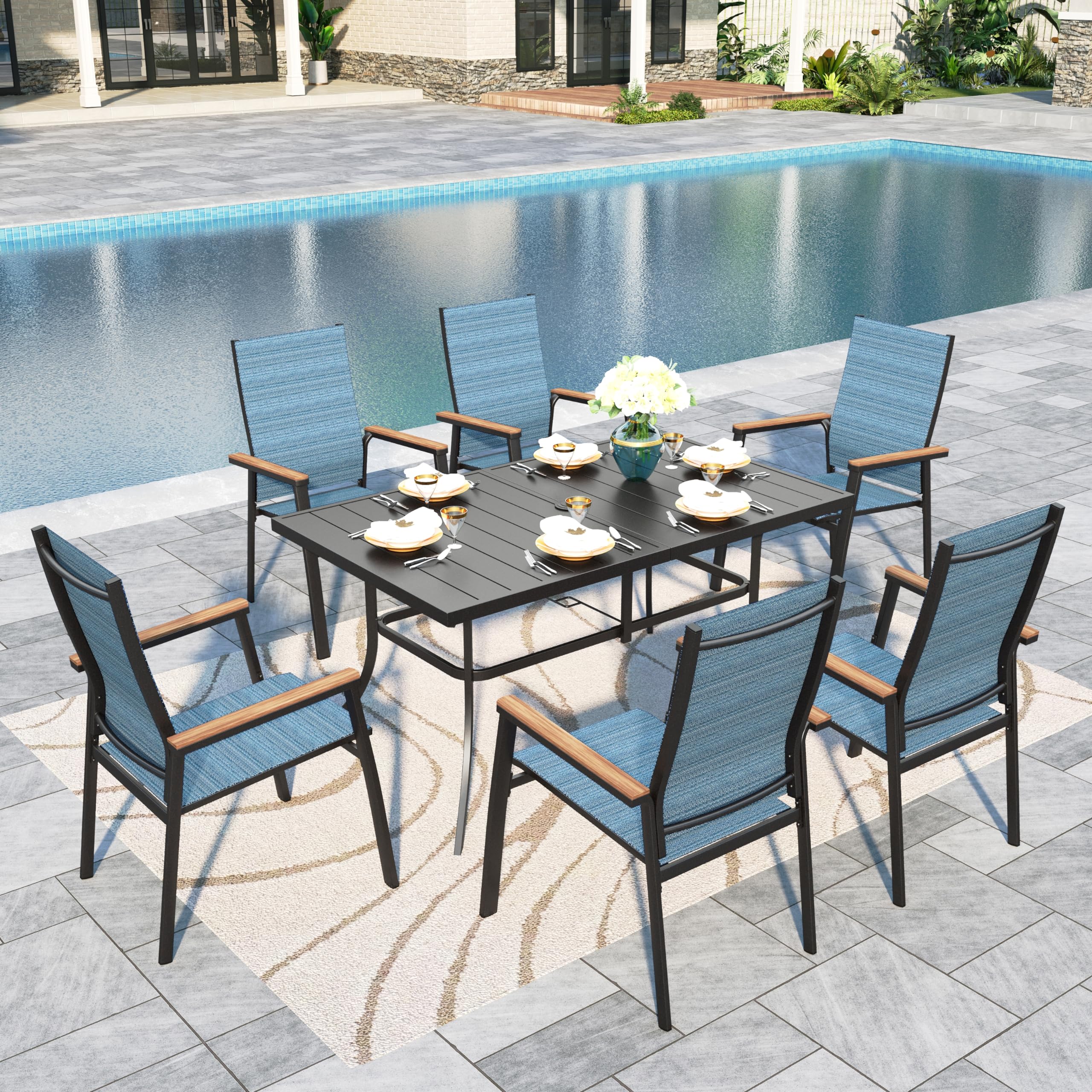 Sophia &amp; William Outdoor Dining Set 7 Pieces, 6 Aluminum Stackable Chair for Space-Saving and 59" x 35" Patio Dining Table, Easy to Move for Outdoor Garden Lawn (Blue)