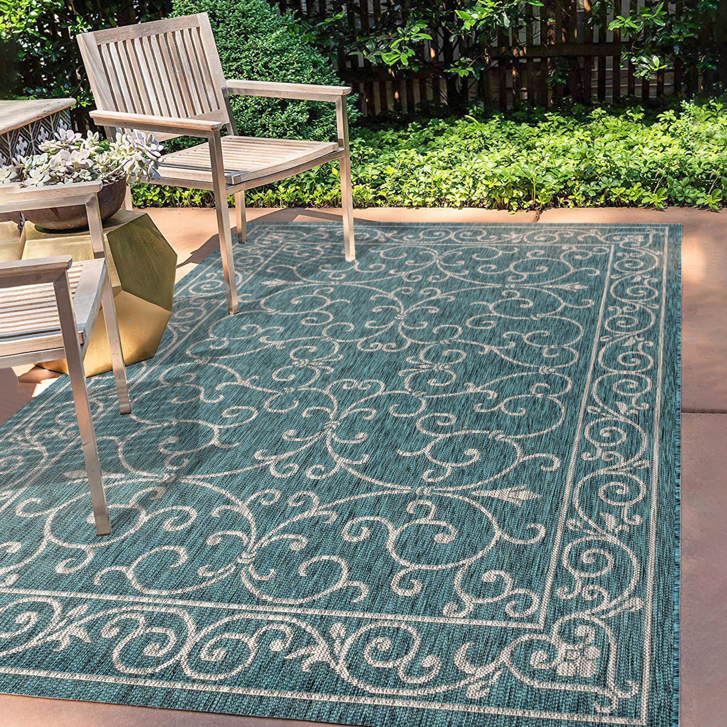 9ft X 12ft ,JONATHAN Y SMB106F-9 Charleston Vintage Filigree Textured Weave Indoor Outdoor Area-Rug Classic Coastal Easy-Cleaning Bedroom Kitchen Backyard Patio Non Shedding, Teal/Gray