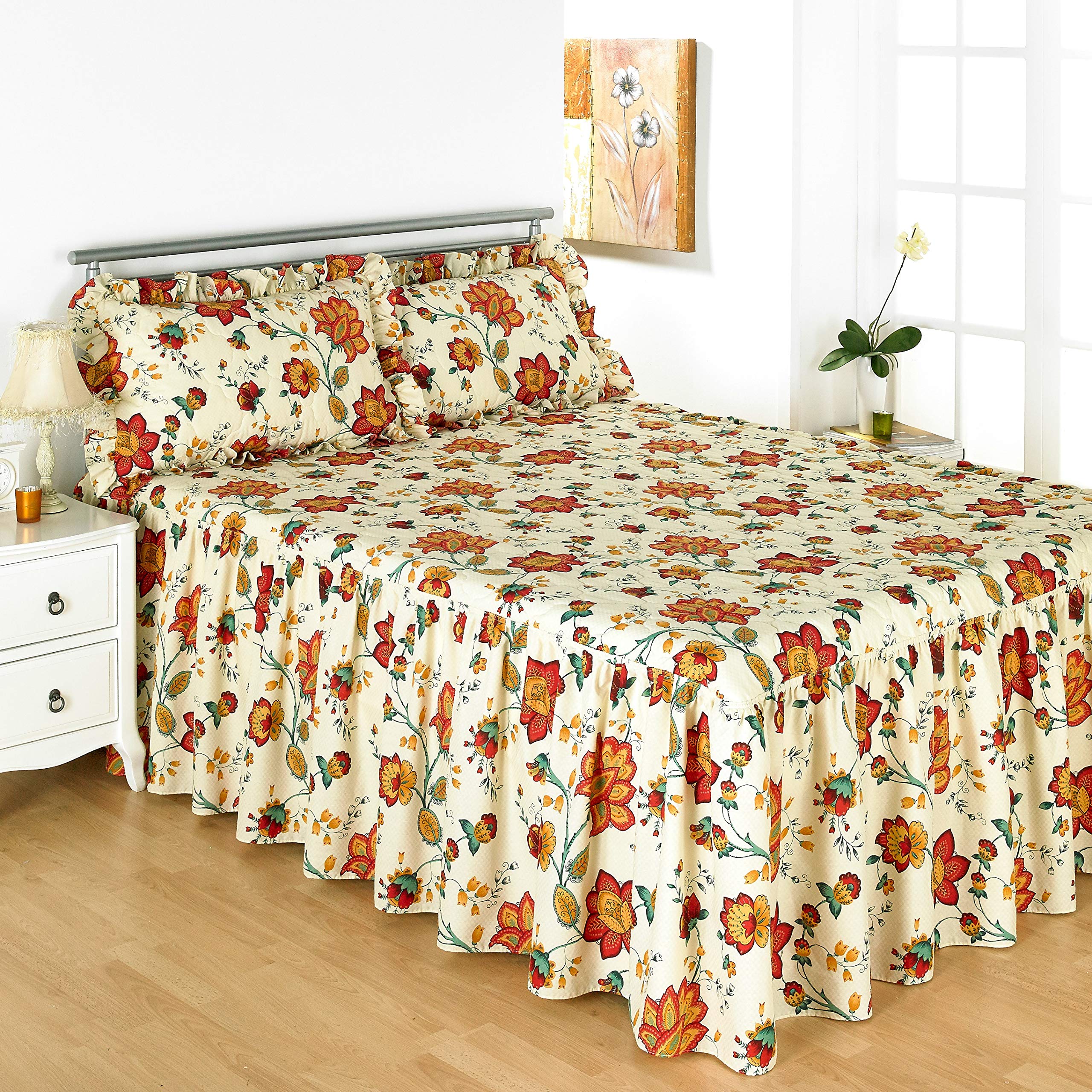 Diana Cowpe Red, Green, Yellow King Size Traditional Jacobean Floral Print Fitted Bedspread With 2 Matching Pillow Shams 152Cm X 210Cm With 56Cm Drop