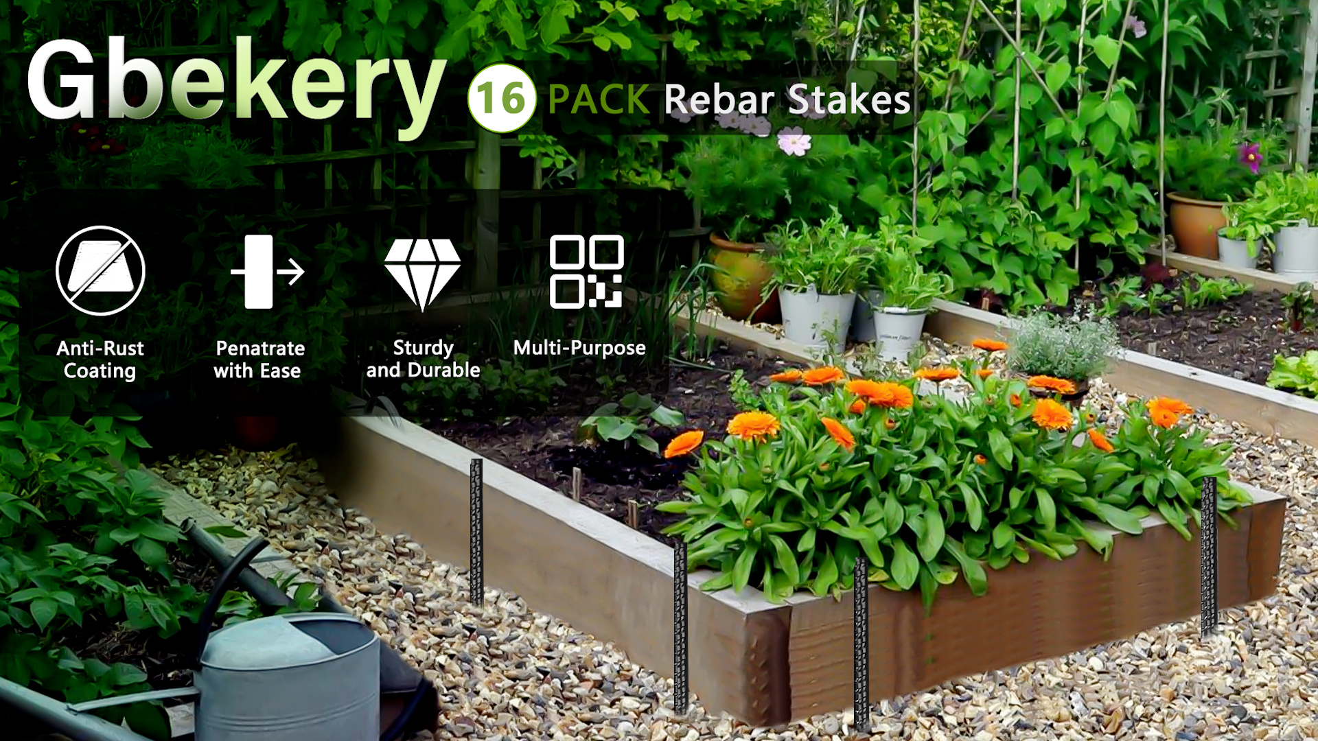 Gbekery Estacas Rectas de Rebar 16 Pulgadas (16 piezas) Anclajes Metálicos Resistentes para Tierra con Punta de Cincel para Madera, Concreto, Soporte para Plantas, Tiendas de Camping, 3/8 Pulgadas de Grosor, Negro miniatura 7