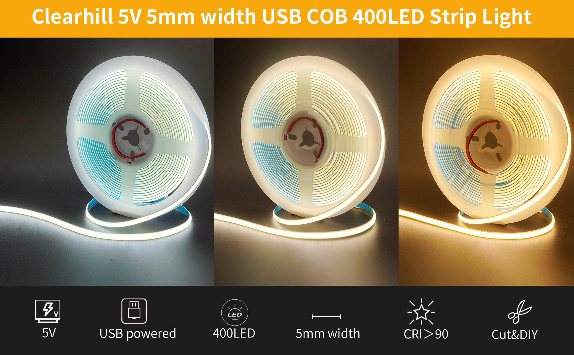 Image of 5V 5mm Width USB COB LED Strip Lights,6.56FT /2M,Natural White 4000K,400LEDs /M,8W /M,CRI90,1600lm,Electroplated Double-Sided Panel Light Strip,IP20,for Indoor Decoration