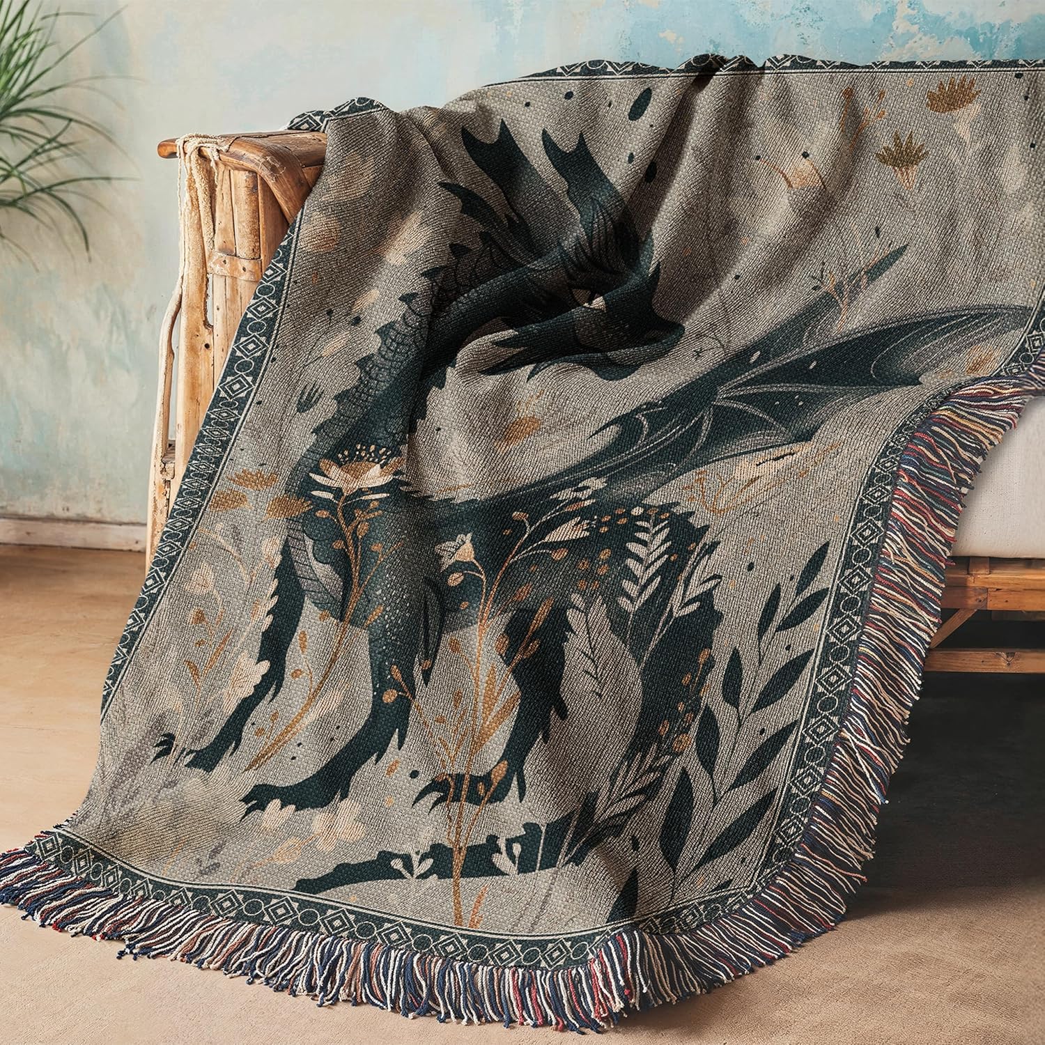 Boho Black Dragon Woven Blanket – 100% Cotton Floral Fantasy Throw, Cottagecore Bookish Decor, Made in USA, 3 Sizes - Image 8