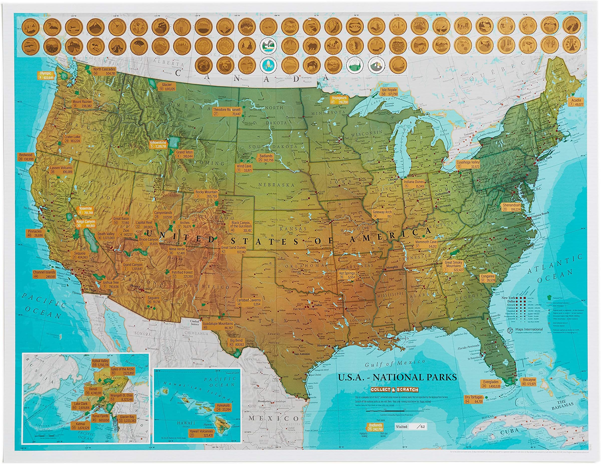 Scratch Off USA National Parks Map Poster - Ideal Gift for Outdoor Lovers or Explorers - 17 x 22 inches - Maps International