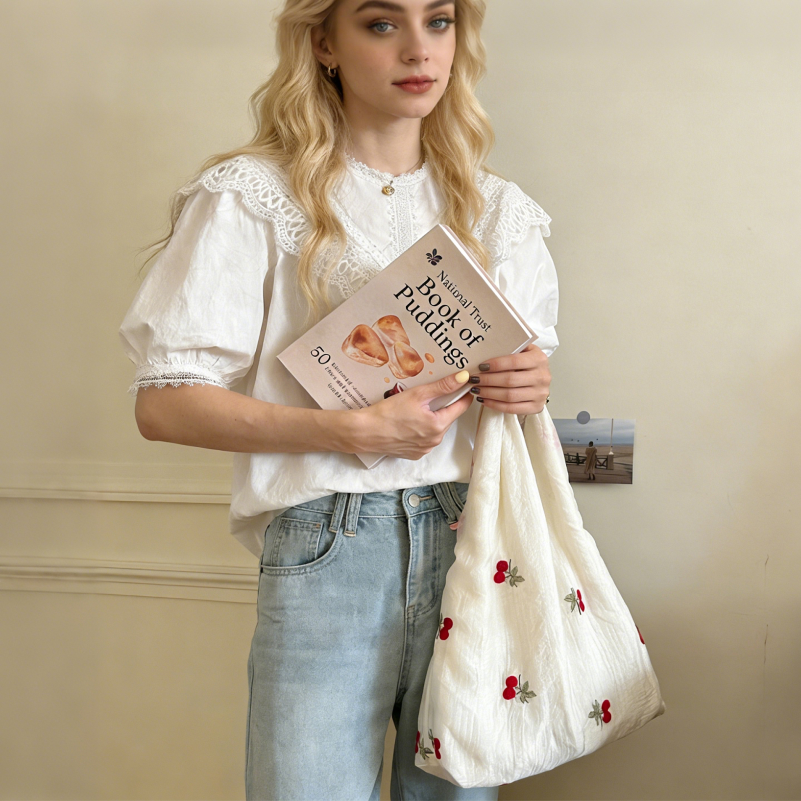 Bolso blanco bordado con cerezas para mujer miniatura 6