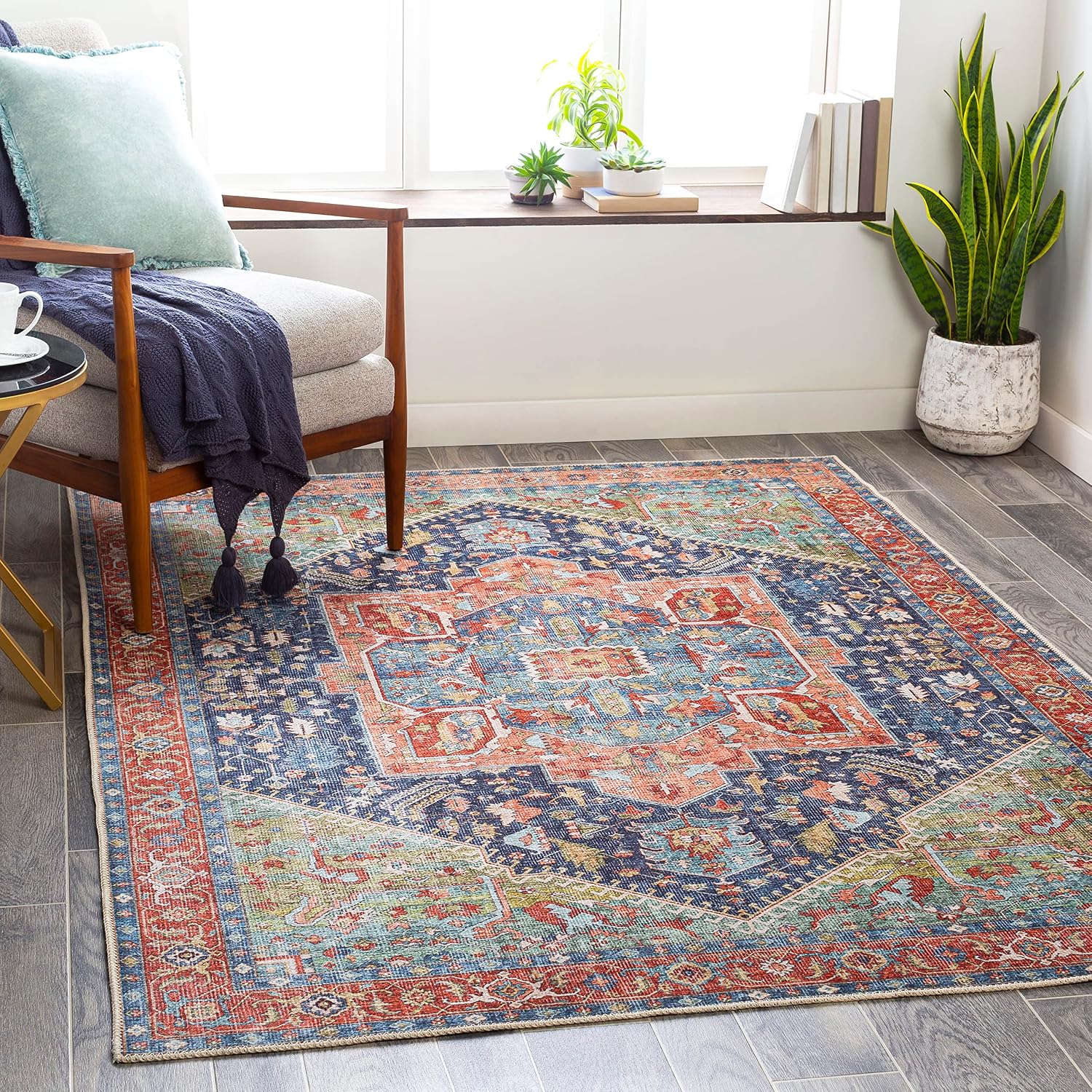 Livabliss Audrey Vintage Medallion Washable Area Rug,5'3" x 7'3",Peach/Navy