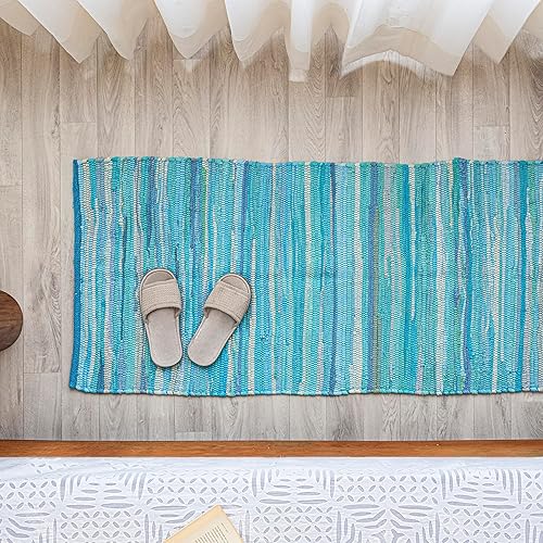 Vista 2 de HOMEMONDE Reversible Rag Runner Rug 2x6 ft Teal Recycled Soft Cotton Chindi Rugs Hand Crafted Boho Home Decor for Kitchen, Entyrway, Bedroom, Living