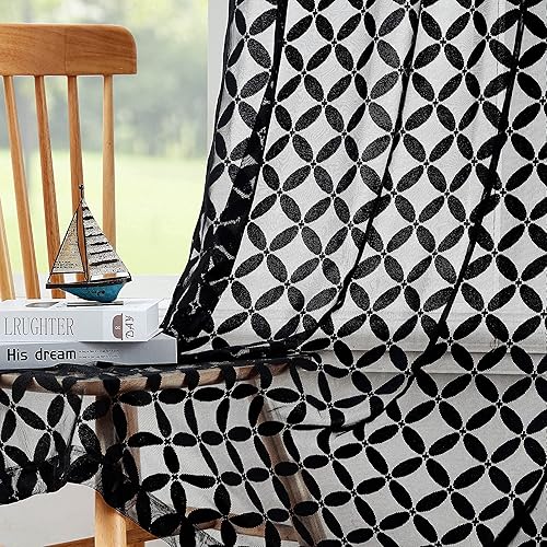 Paneles de cortina de encaje floral transparente de 54 pulgadas de largo, cortinas geométricas de gasa transparente para sala de estar, dormitorio,