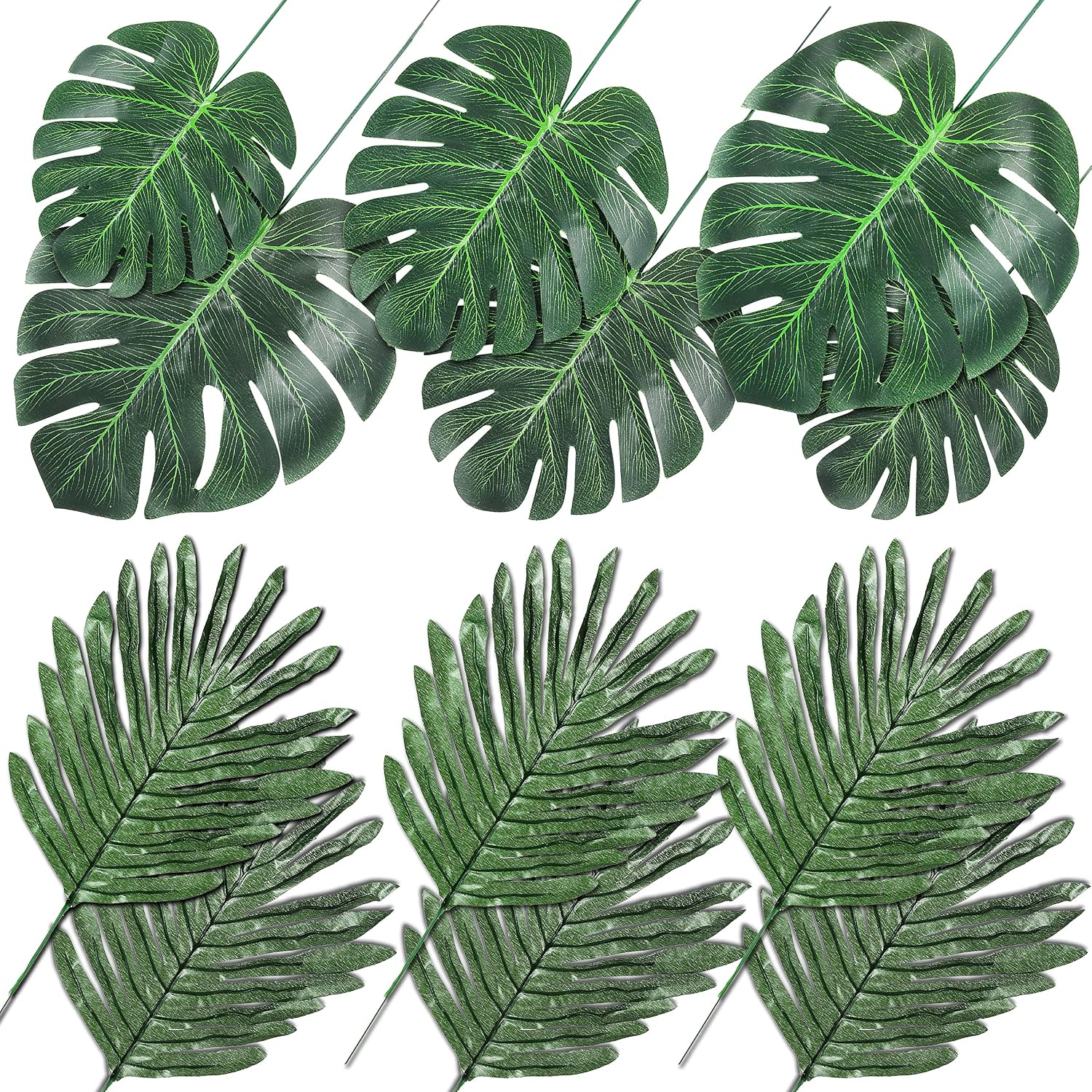 Auihiay 48 Pieces 4 Kinds Palm Leaves Tropical Leaves with Jungle Leaf Monstera Leaves Safari Leaf for Hawaiian Luau Party Jungle Beach Table Leave Decorations