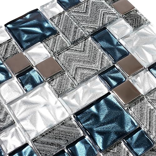 Miniatura 9 de Azulejo de vidrio azul blanco para cocina, baño, pared contra salpicaduras, mosaico con patrón de Versalles Juego de 5