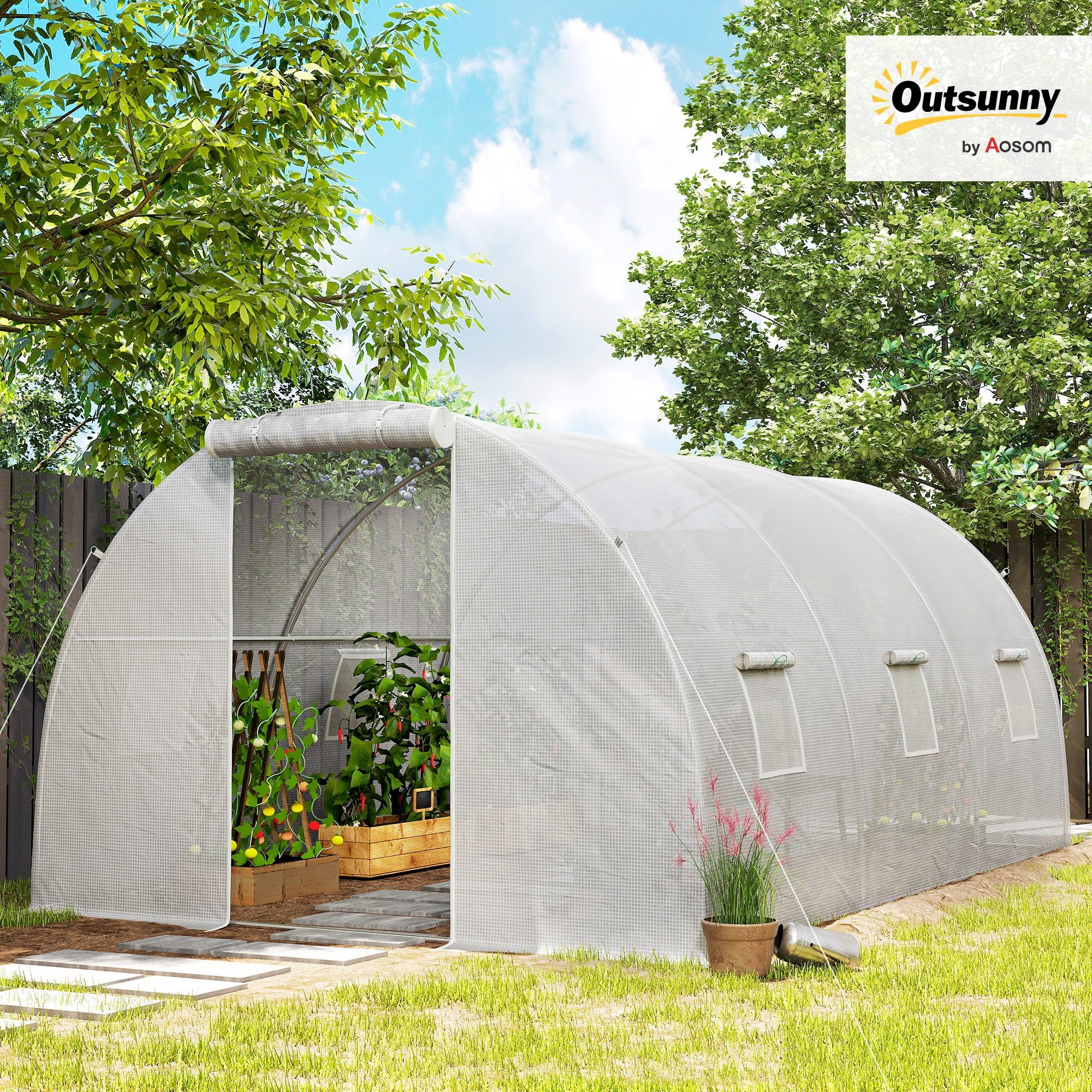 Outsunny Serre de Jardin Tunnel 13,5 m² 4,5L x 3l x 2H m - 6 fenêtres, Porte zippée Enroulable - châssis Tubulaire Acier galvanisé, bâche PE Haute densité Blanc