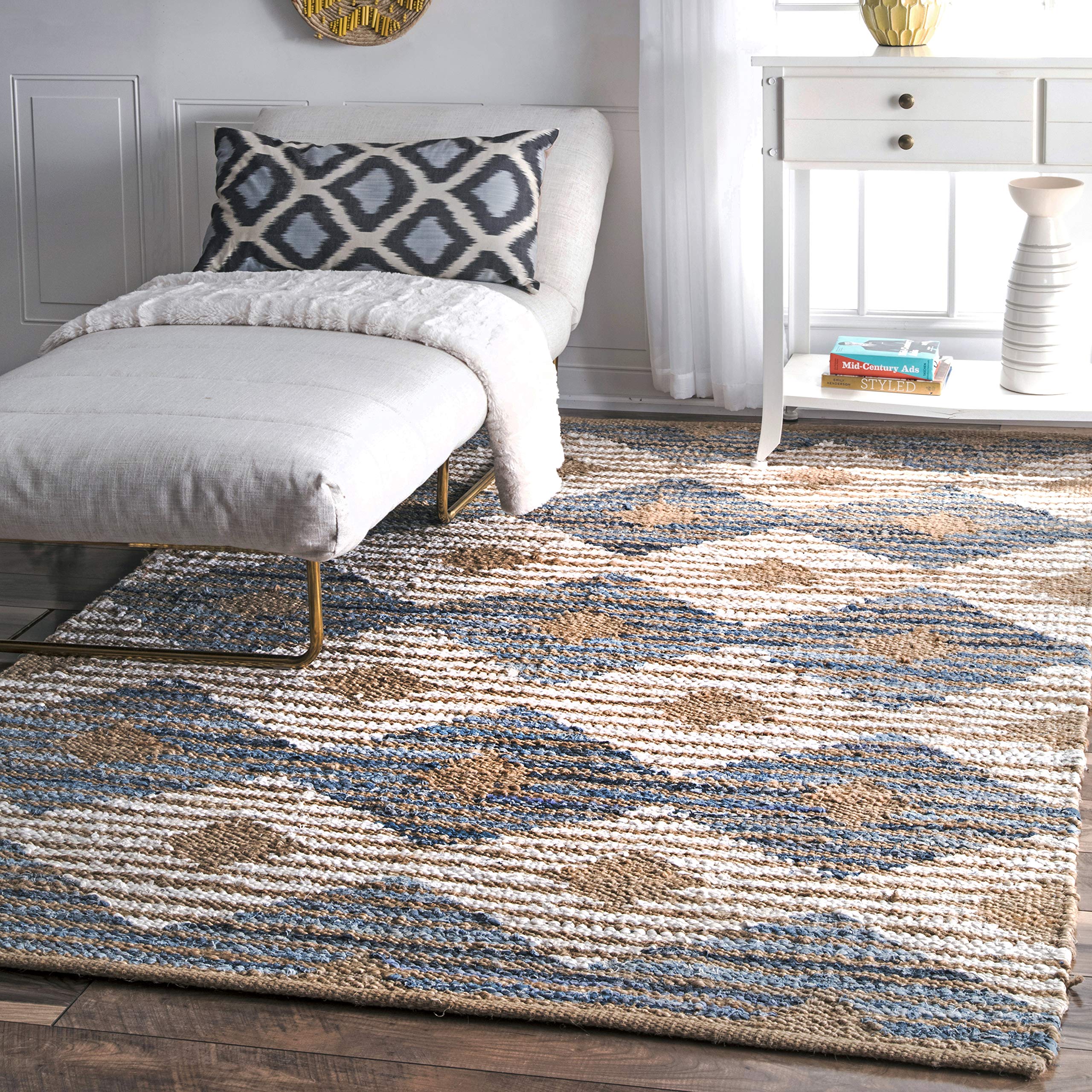  nuLOOM Hand Braided Marla Denim And Jute Diamonds Accent Rug,  3x5, Off-white : Home & Kitchen