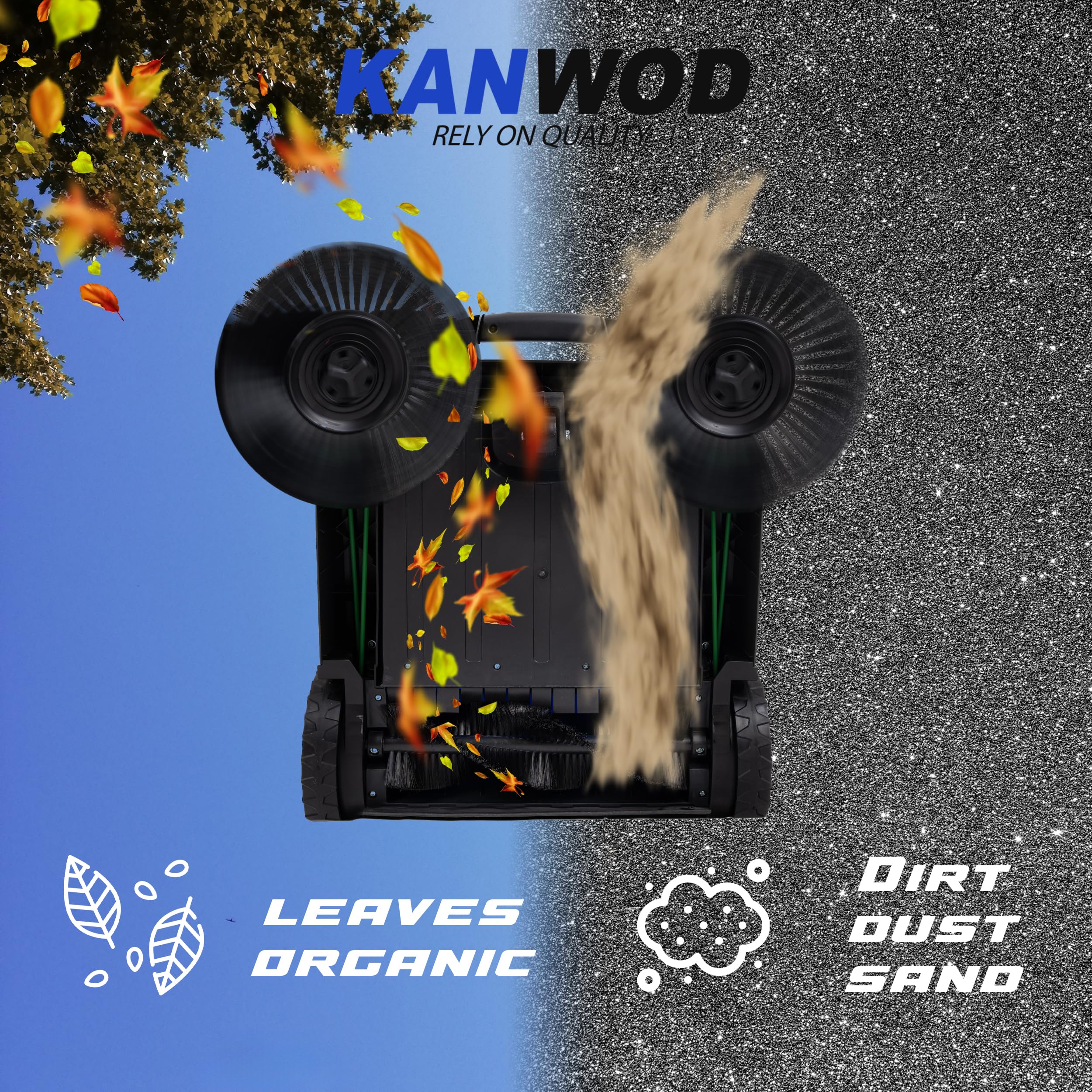 Kanwod KGAMS-6520 - Spazzatrice manuale con serbatoio da 18 litri, raccogli foglie, spazzole laterali e larghezza spazzatrice 650 mm, spazzatrice manuale per sabbia, fogliame, ghiaia e prato