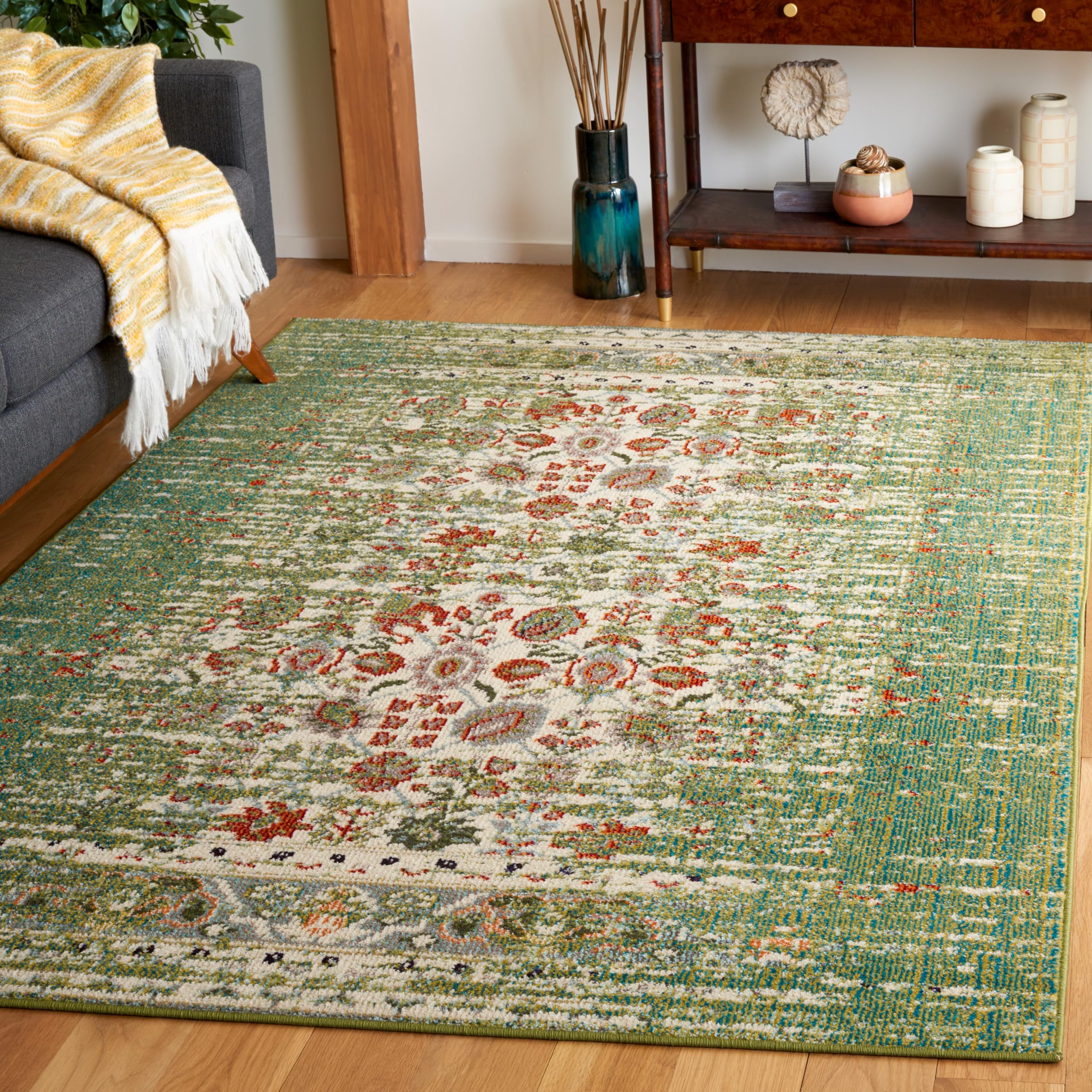 SAFAVIEH Monaco Collection Area Rug - 6'7" x 9'2", Sage & Rust, Boho Distressed Design, Non-Shedding & Easy Care, Ideal for High Traffic Areas in