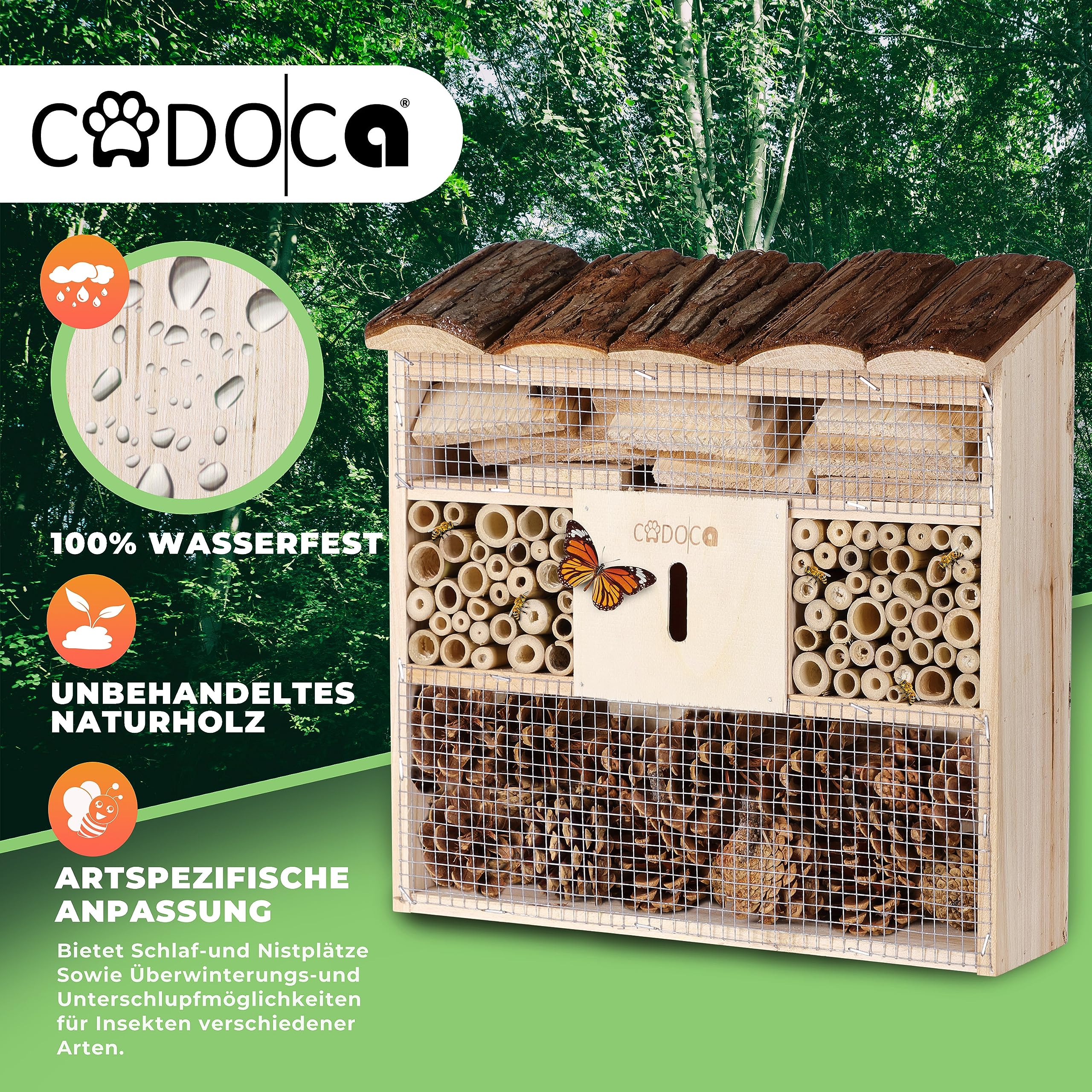 Cadoca Cassetta per insetti in legno 31x31 nidificazione hotel insetti refugio api coccinelle api vespe griglia metalica