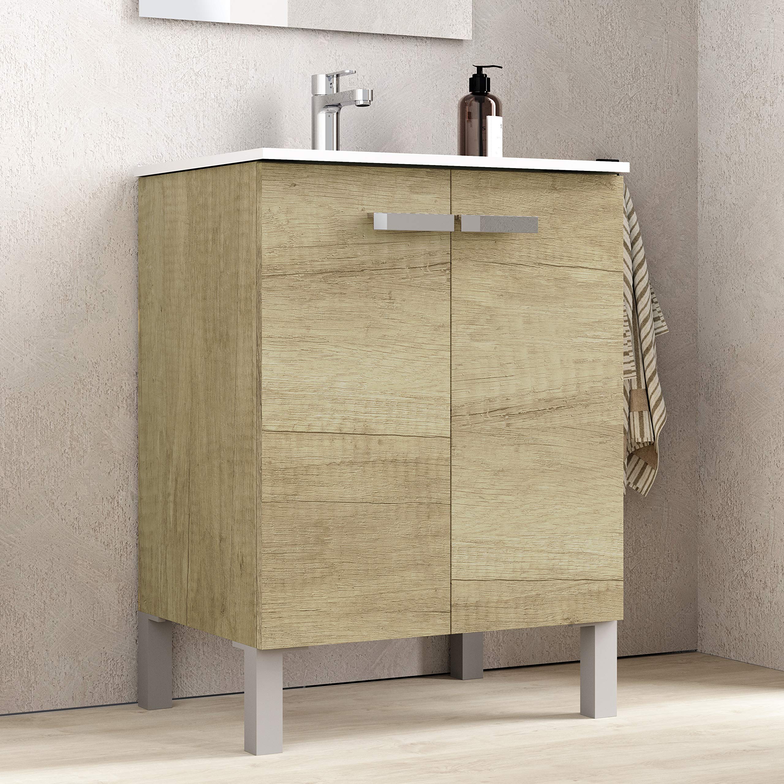 Baikal Mueble de Baño Neo, Dos Puertas, Mueble con Patas. Varios Acabados y Medidas. Melamina 16mm. Mueble MONTADO. 2 Puertas sin Espejo 60 cm Nature