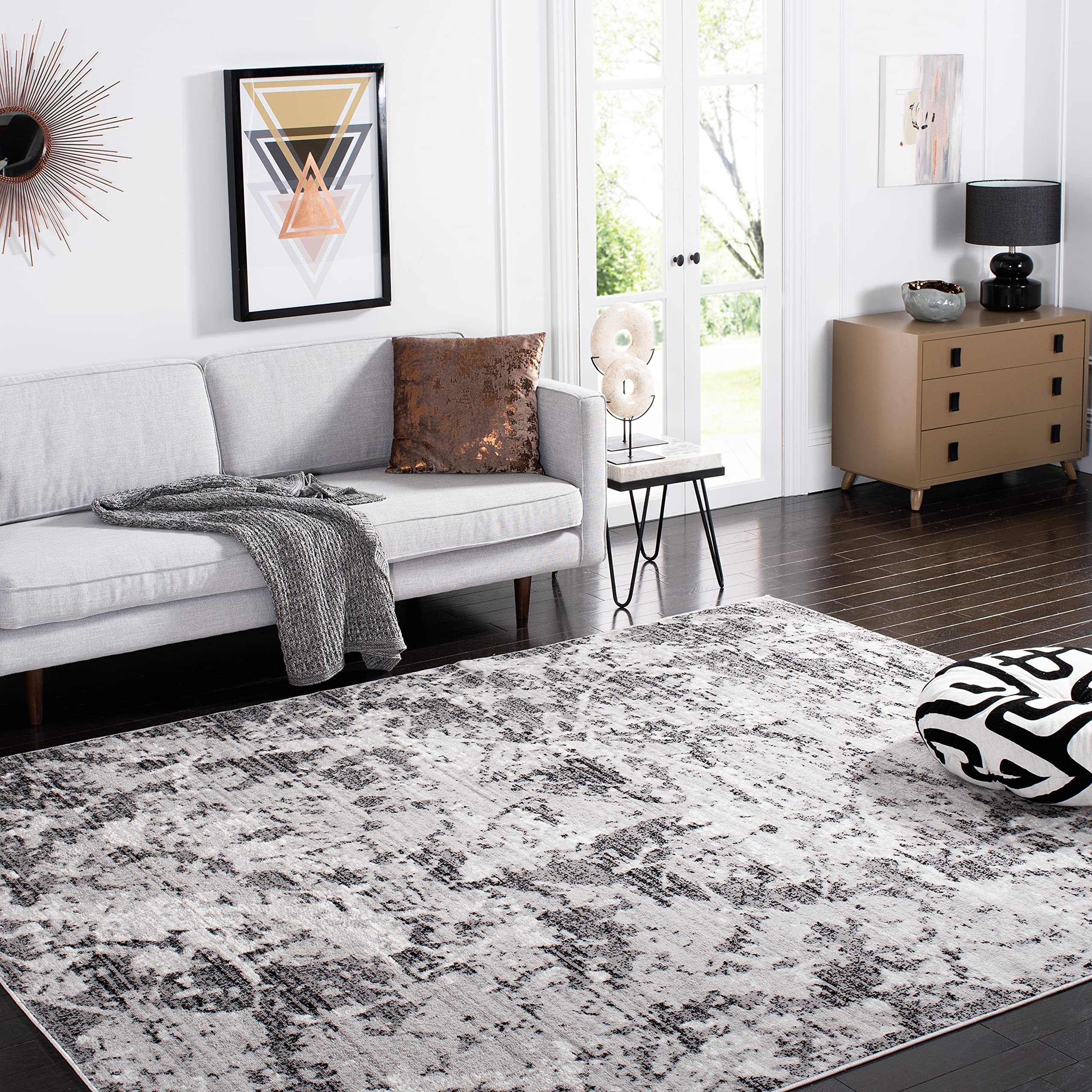 SAFAVIEH Skyler Collection Area Rug - 6'7" Square, Charcoal & Ivory, Modern Abstract Design, Non-Shedding & Easy Care, Ideal for High Traffic Areas in