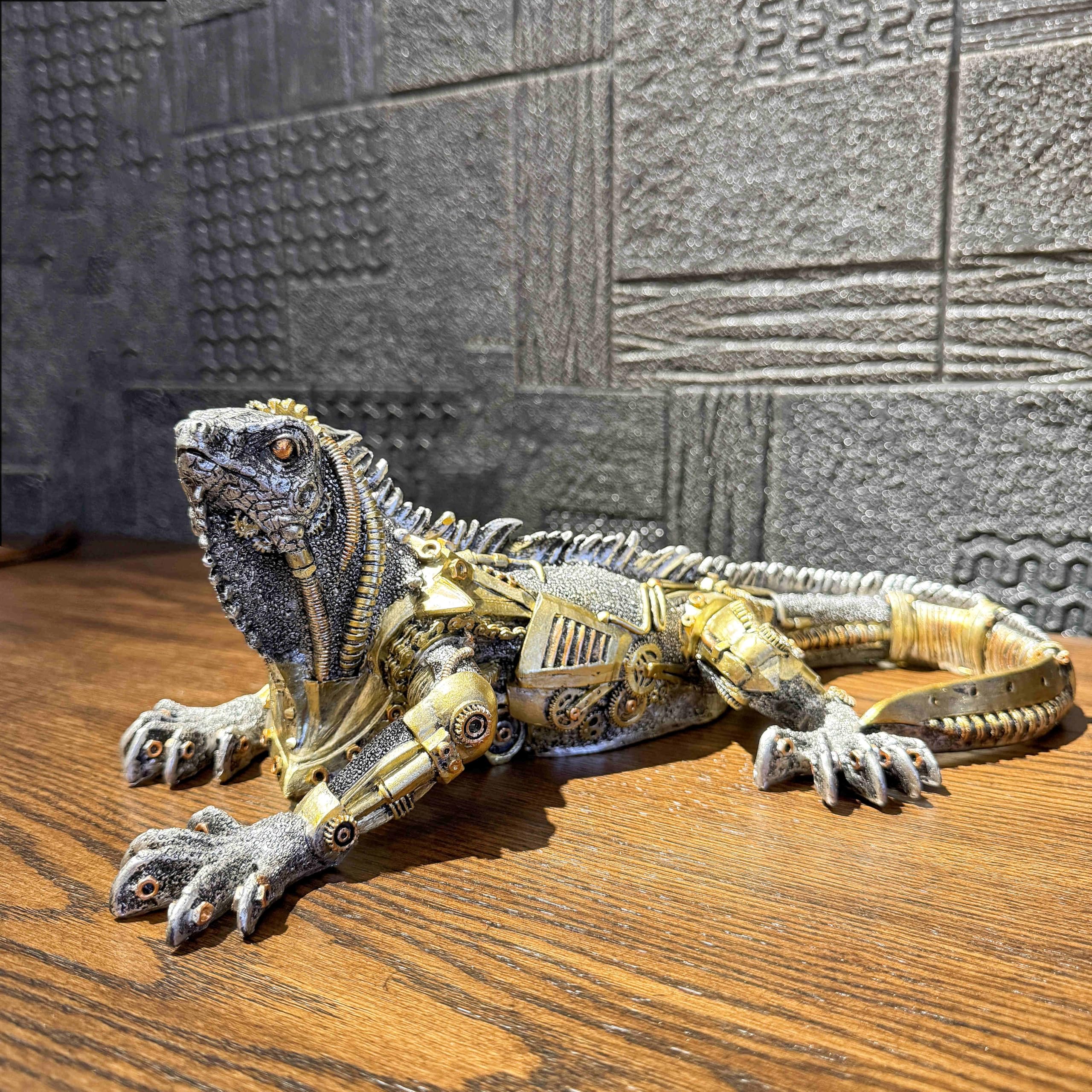 OUTOUR Steampunk Grüne Leguan-Statue aus Kunstharz, Cyborg, Eidechse, Sci-Fi-Sammlerstück, handbemalt, Wandkunst mit Zahnrädern, Heimdekoration, Männerhöhle, Geschenk