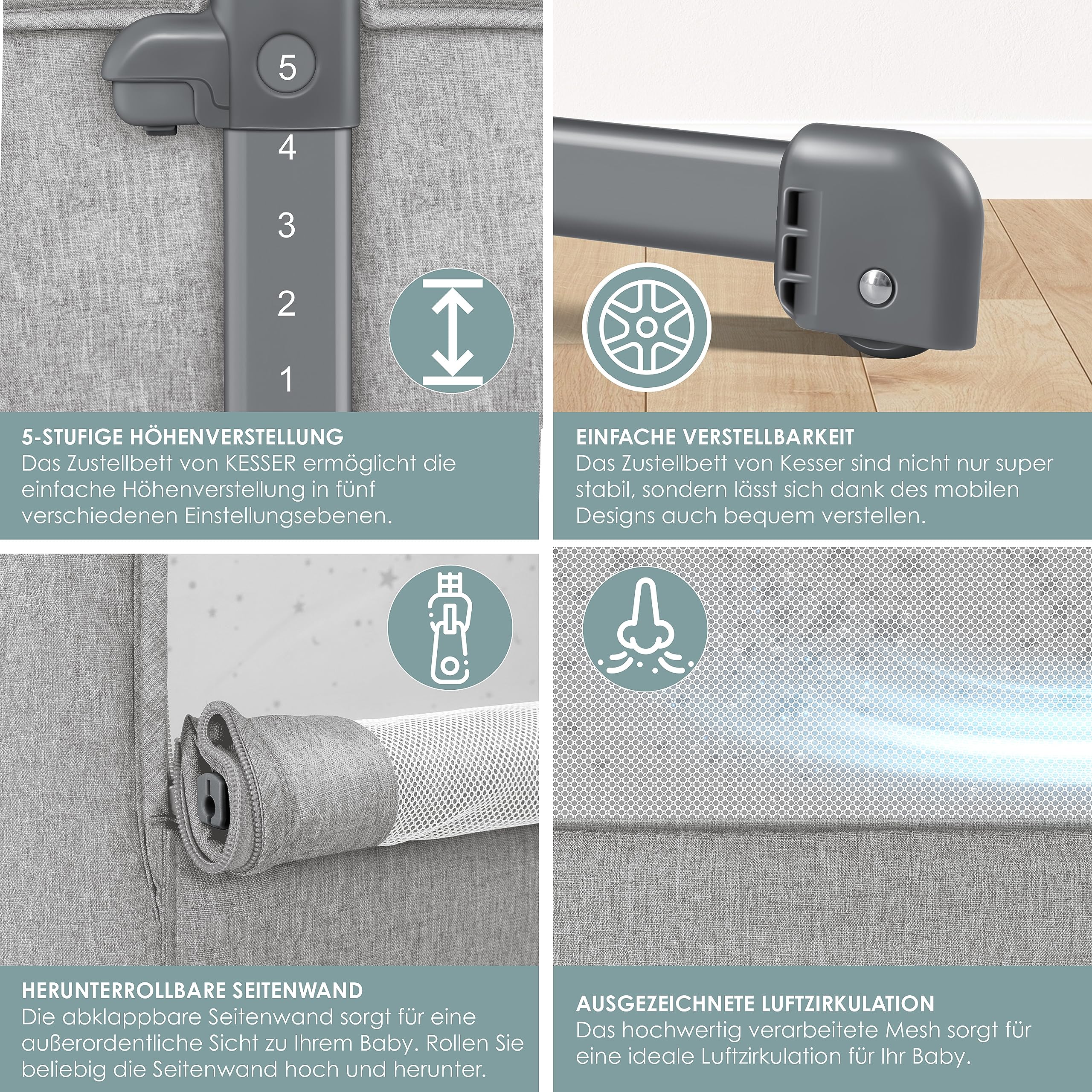 KESSER Zustellbett Hubi 3in1 Baby Beistellbett Reisebett Babybett mit Matratze Rollen 5-Fach Höhenverstellung Faltbare Seitenwand Hellgrau