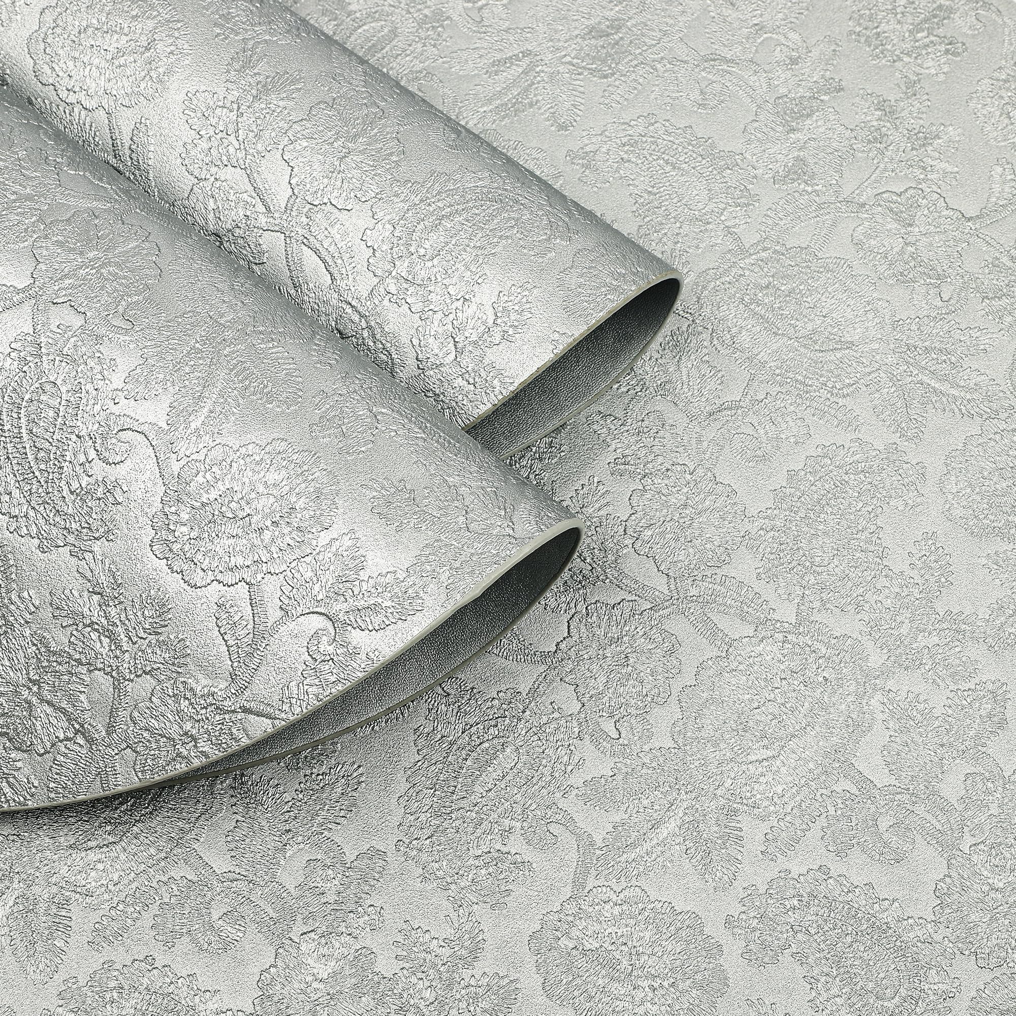 fanquare Floral Printed Silver Placemats Sets of 6 Round PU Faux Leather Table Mats Heat Resistant Wipeable Non-Slip Place Mats for Dining Kitchen Table Wedding Decoration 38cm - Image 3