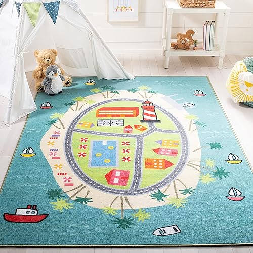 SAFAVIEH Alfombra infantil de la colección Playhouse de 7 pies 9 pulgadas x 10 pies, azul y verde, no desprende pelusa, lavable a máquina y