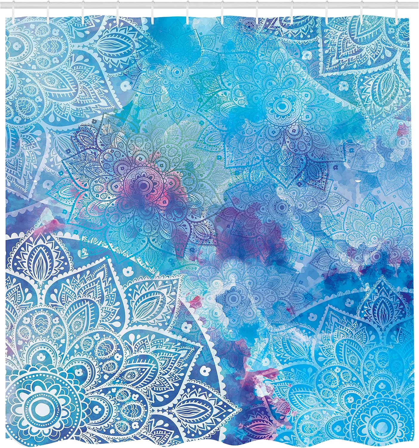 Batik Decor Shower Curtain by Ambesonne, Artistic Paisley Floral White Lace Mandala Watercolor Painting Artwork Print, Polyester Fabric Bathroom Set with Hooks, 69 X 70 Inches, Ombre Blue Purple Aqua