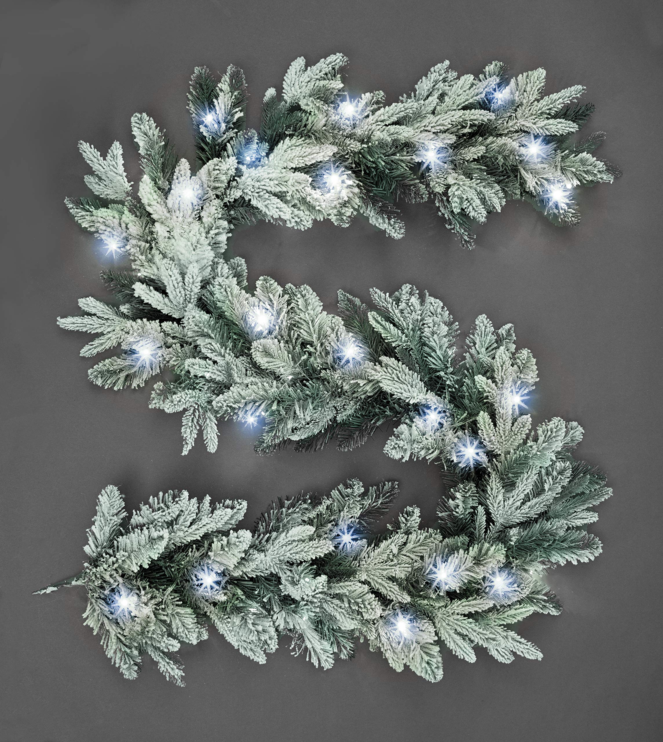 Shatchi Snow Flock W/Cool White 2M/200Cm Pre-Lit Christmas Garland Lapland Fir For Fireplaces Home Wall Door Stair Snow Flock Artificial Xmas Tree Garden Yard Decorations With 50 White Leds