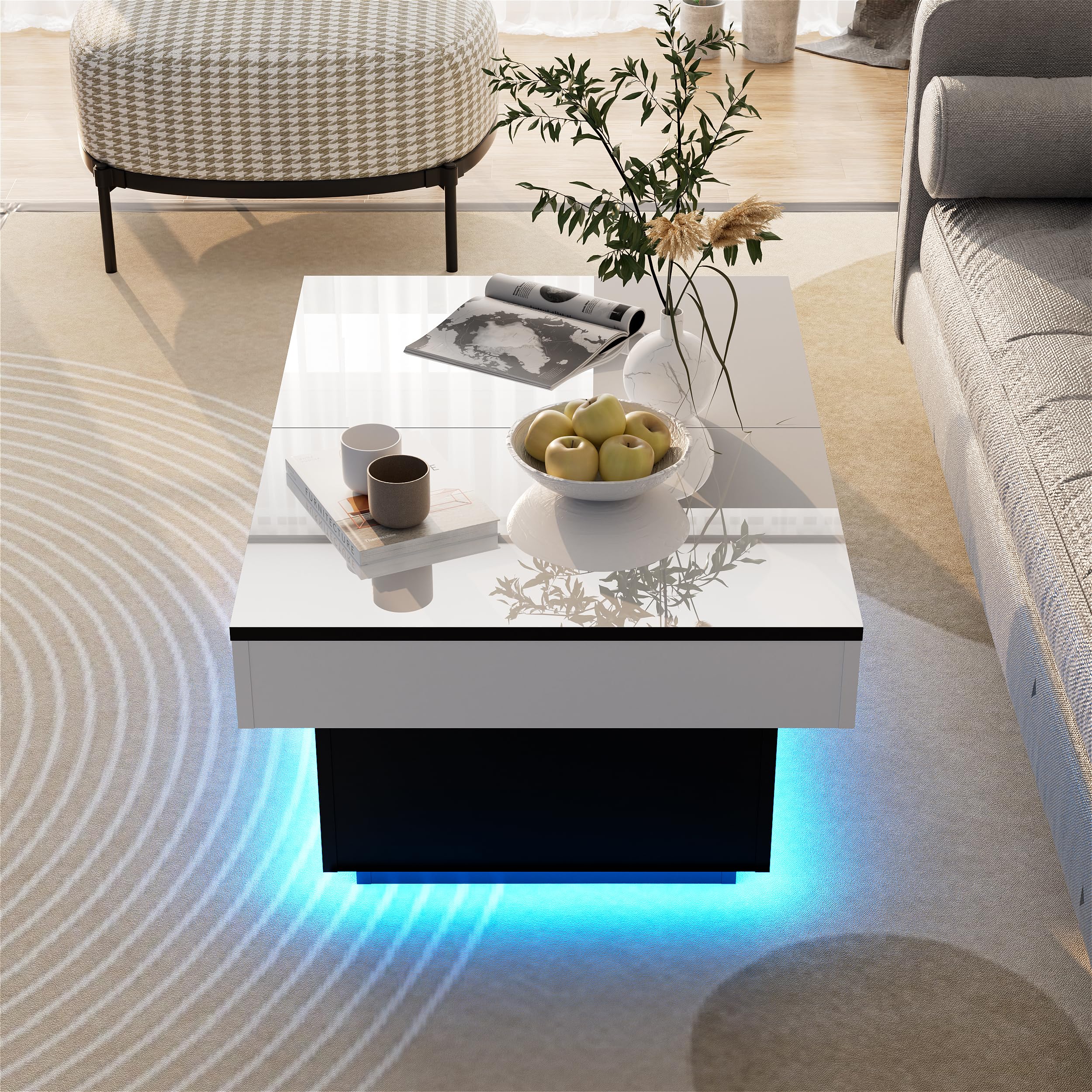 MSFE Table Basse LED Coulissante pour Salon avec 20 Couleurs de Lumières, 2 Espaces de Rangement, Finition Haute Brillance, 80 * 58 * 40 cm