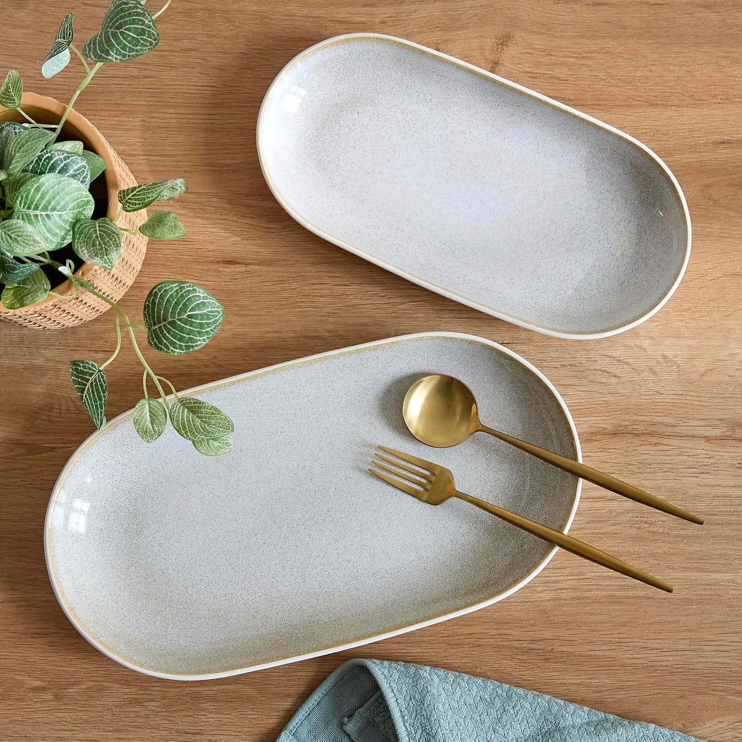 SANGO Anderson Serving Platters Set of 2, 14/12 Inch Stoneware Serving Dishes for Entertaining, Glossy Party Serving Trays for Food, Buffet Oval Platters for Bread, Appetizer, Cheese, Reactive Cream
