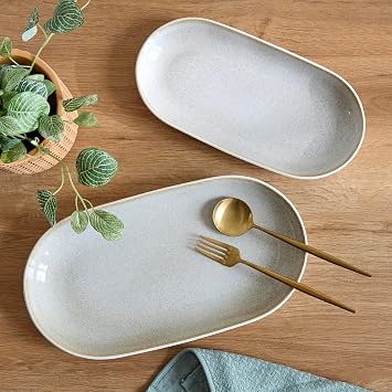 SANGO Anderson Serving Platters Set of 2, 14/12 Inch Stoneware Serving Dishes for Entertaining, Glossy Party Serving Trays for Food, Buffet Oval Platters for Bread, Appetizer, Cheese, Reactive Cream