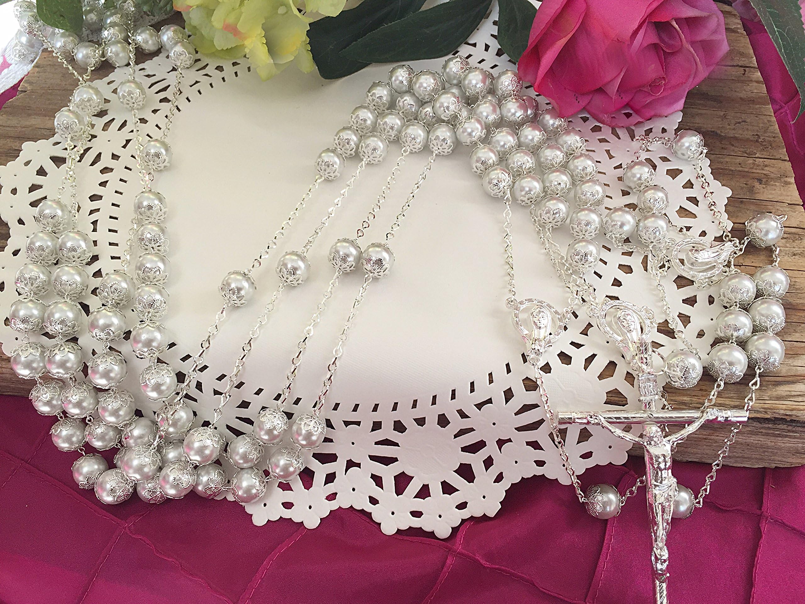 White Pearls Silver Plated Wedding Lasso/Crystal Pearls Wedding Rosary/Lazo De Boda De Crystal