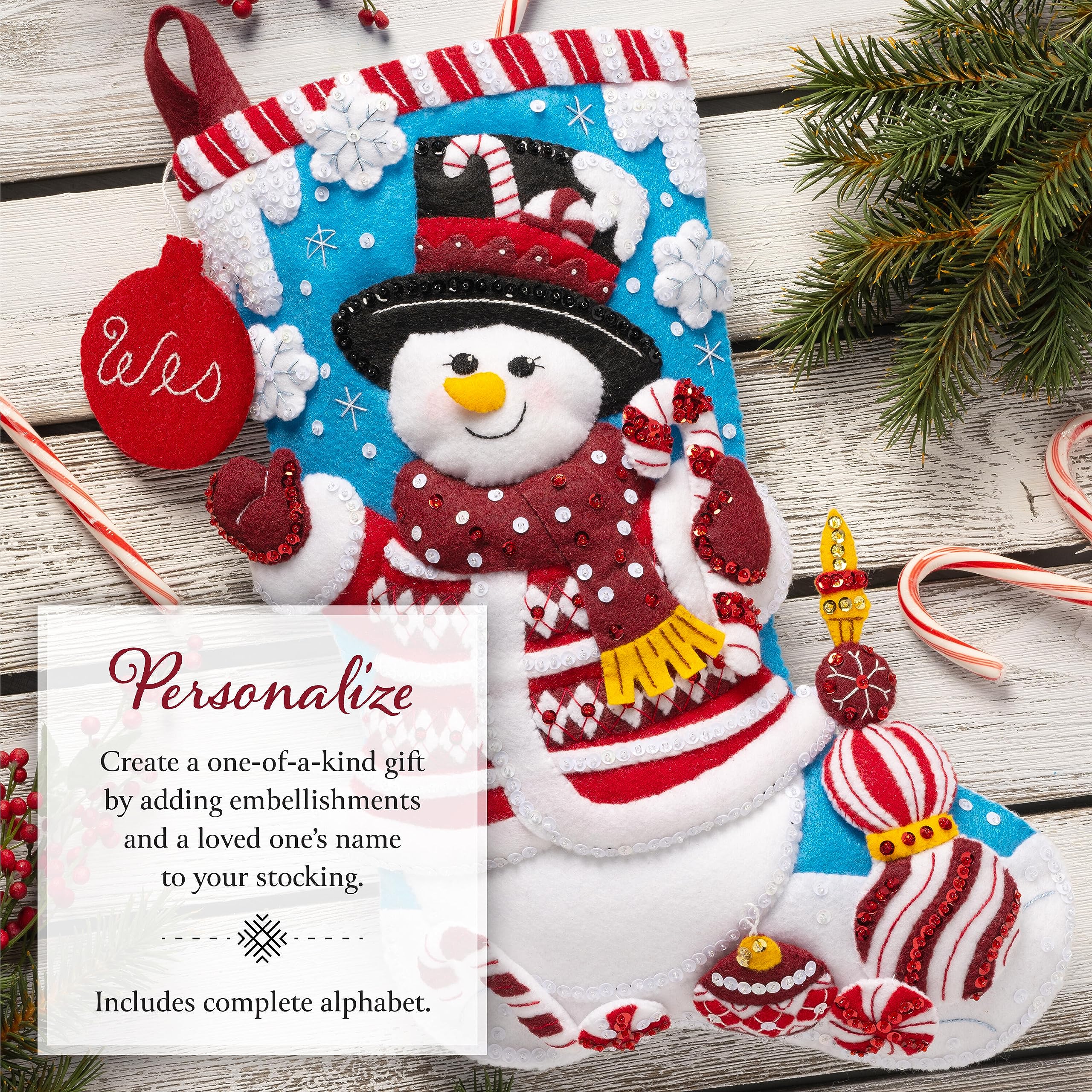 Bucilla Felt Stocking Applique Kit 18" Long-Peppermint Snowman 89610E