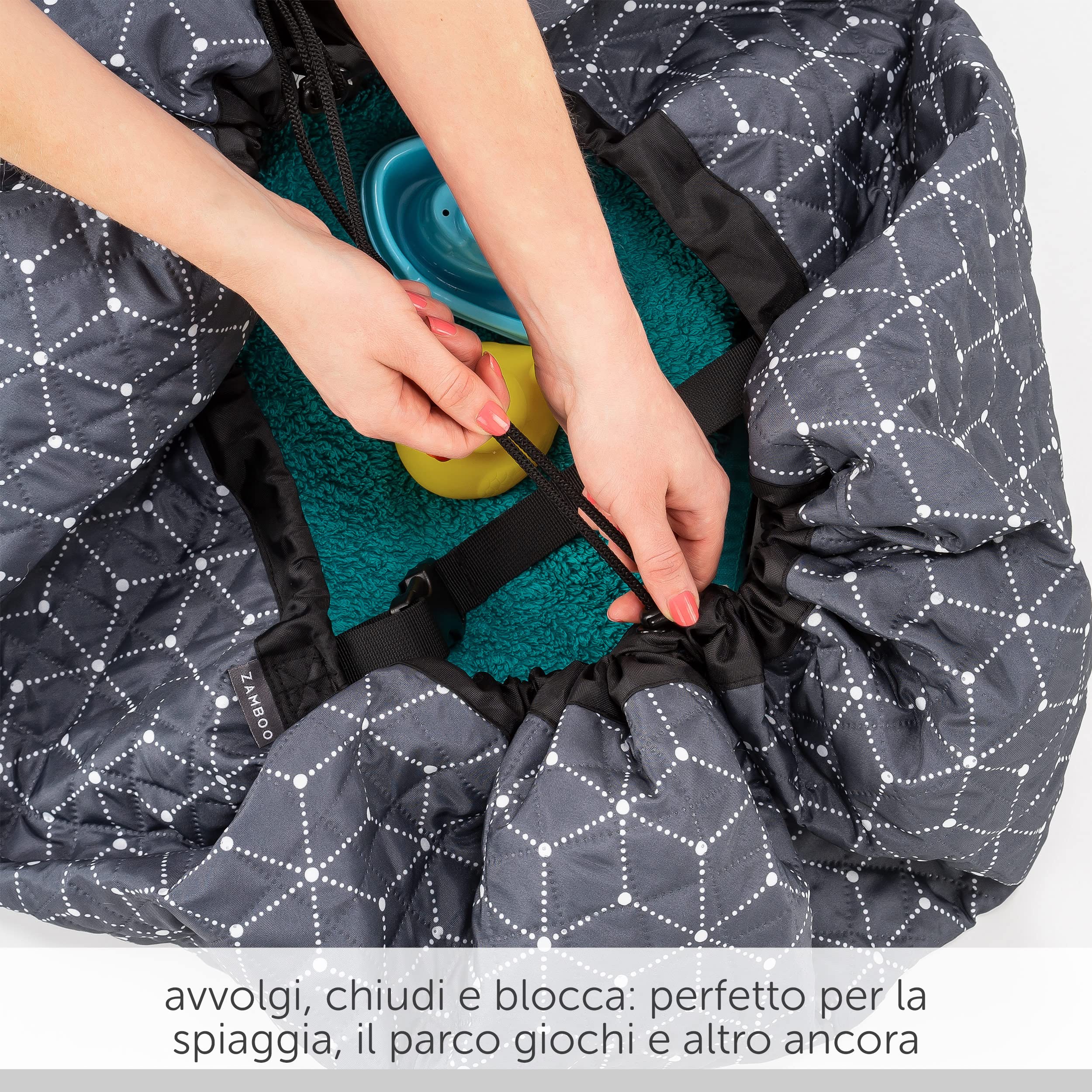 Zamboo 2in1 Oudoor Sacco Giochi Spiaggia - Pratico Tappeto Gioco Bambini Resistente all'Acqua - Grigio