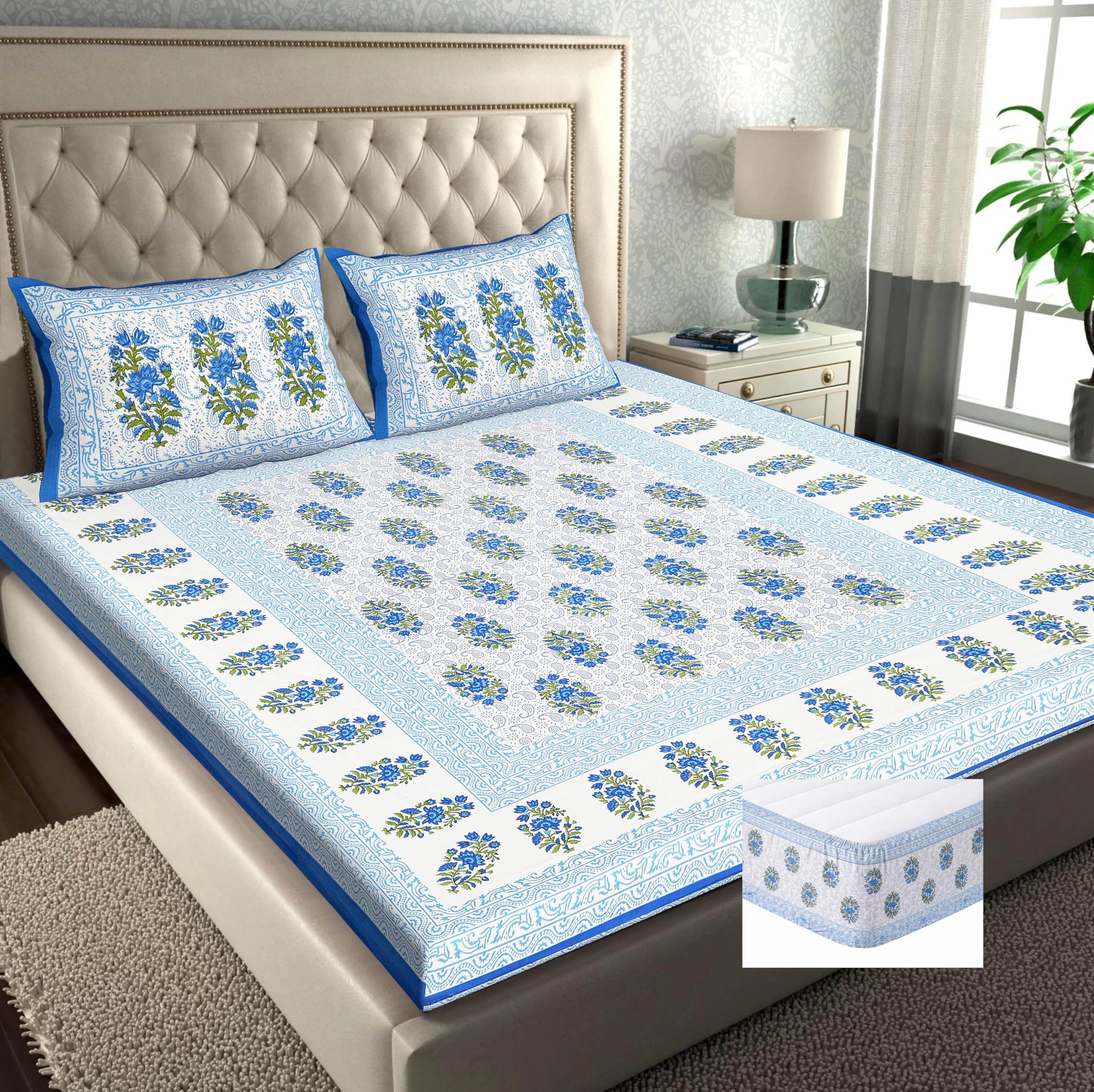 RajasthaniKart® Pure Cotton 144 TC Printed Double/Queen Bed Elastic Fitted Bedsheet with 2 Pillow Covers - All Around Elastic | 60"x78", Fits Up to 8" Mattress | Jaipuri Print, 5260