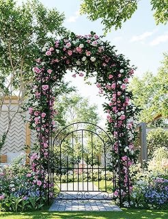 8FT Heavy Duty Garden Arch Trellis with Gate, Powder Coated Steel Arbor ...