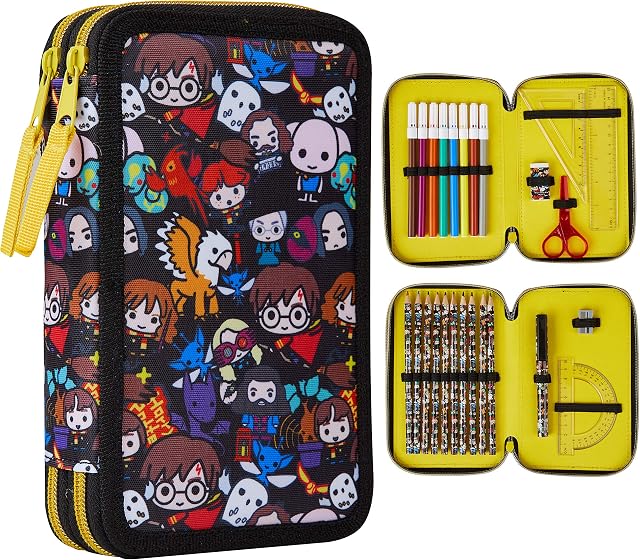 Harry Potter Pencil Case for Girls Boys, Stationery Set School Supplies, Wand Secret Light Pen (Black AOP)