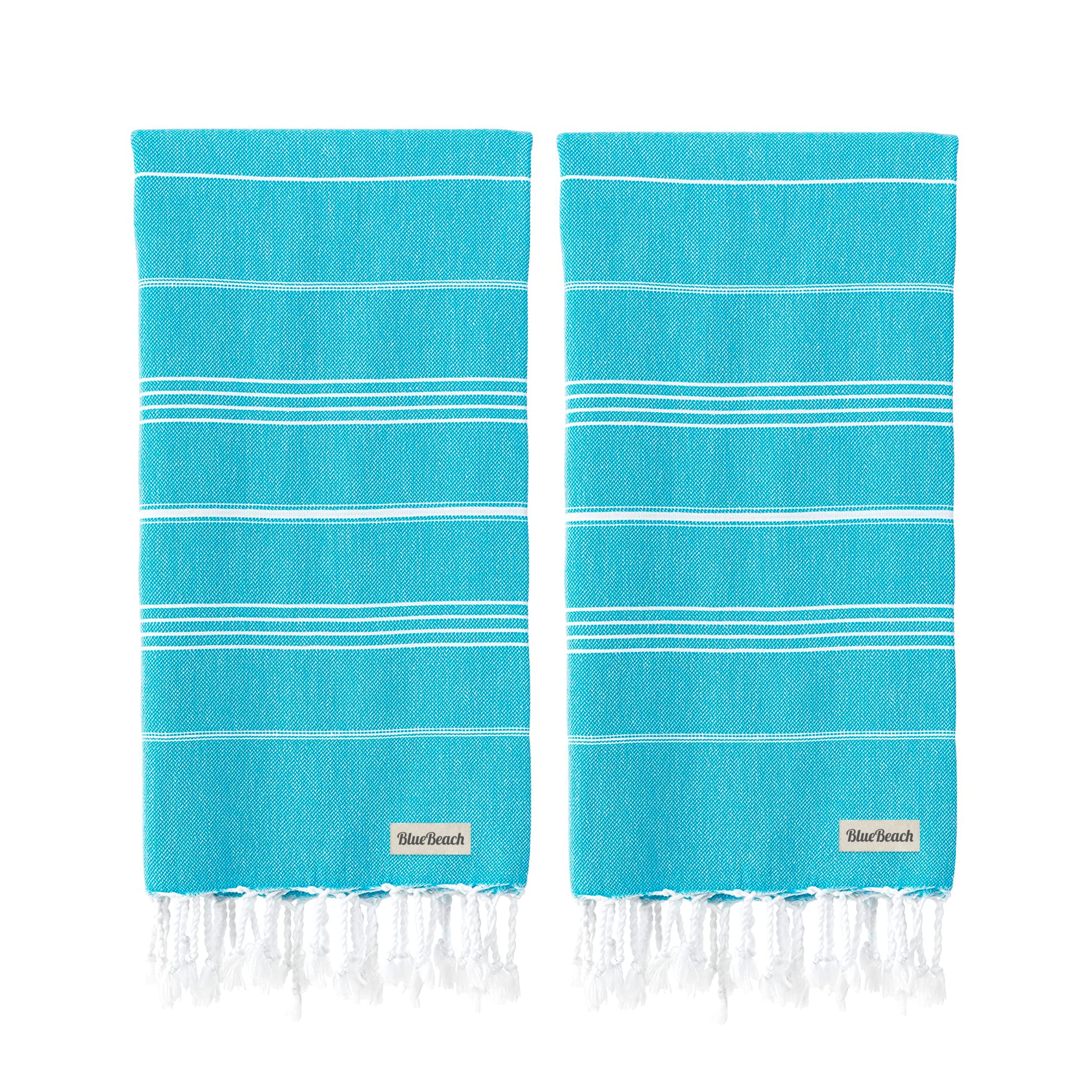 Blue Beach Turqouise Turkish Towel - Set Of 2-100X180cm Large Turkish Hammam Peshtemal Towel - Super Absorbent, Quick Dry, Lightweight, Compact Towels For Swimming, Bath, Gym And Travel (