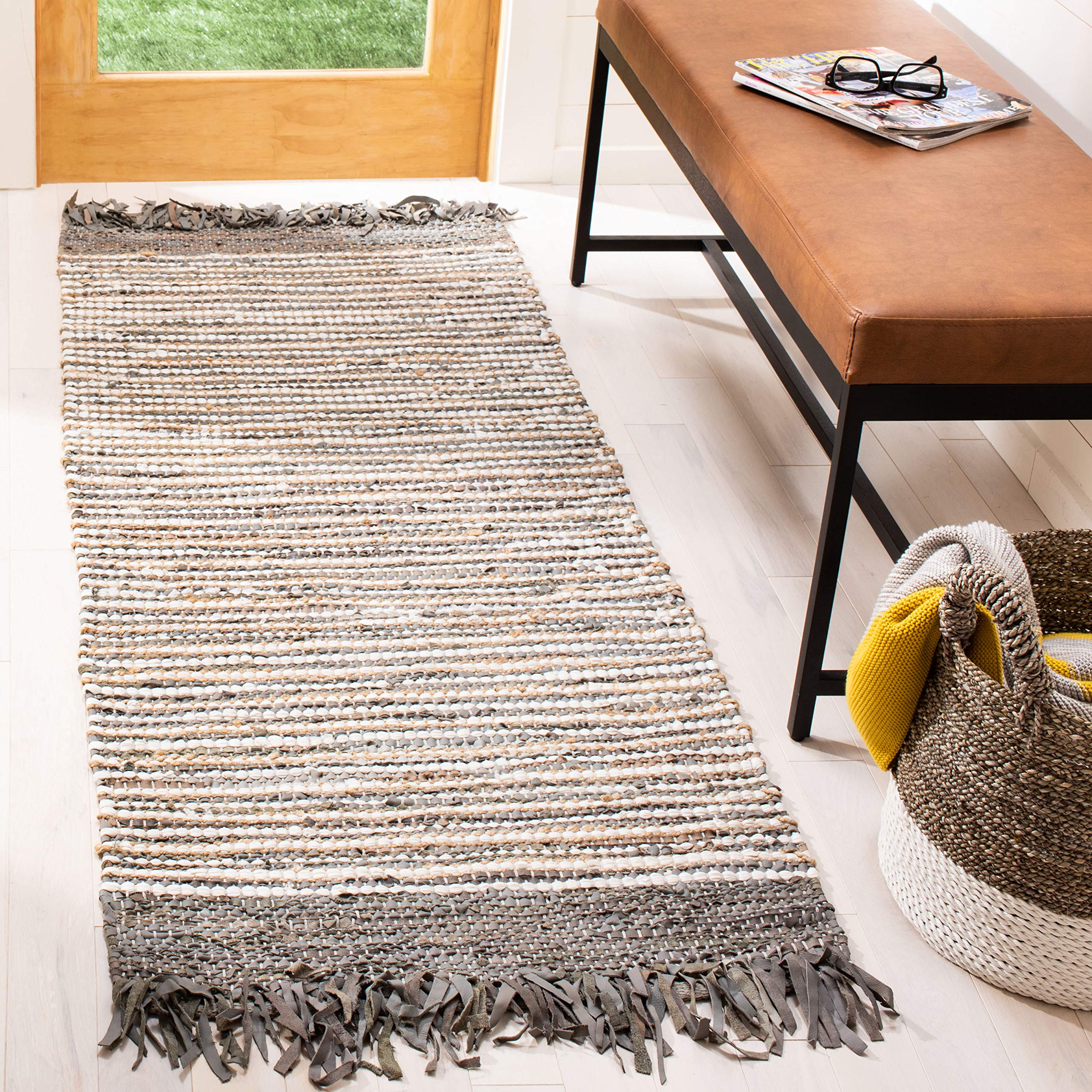 SAFAVIEH Vintage Leather Collection Runner Rug - 2'3" x 9', Grey & Multi, Handmade Boho Fringe Leather, Ideal for High Traffic Areas in Living Room,
