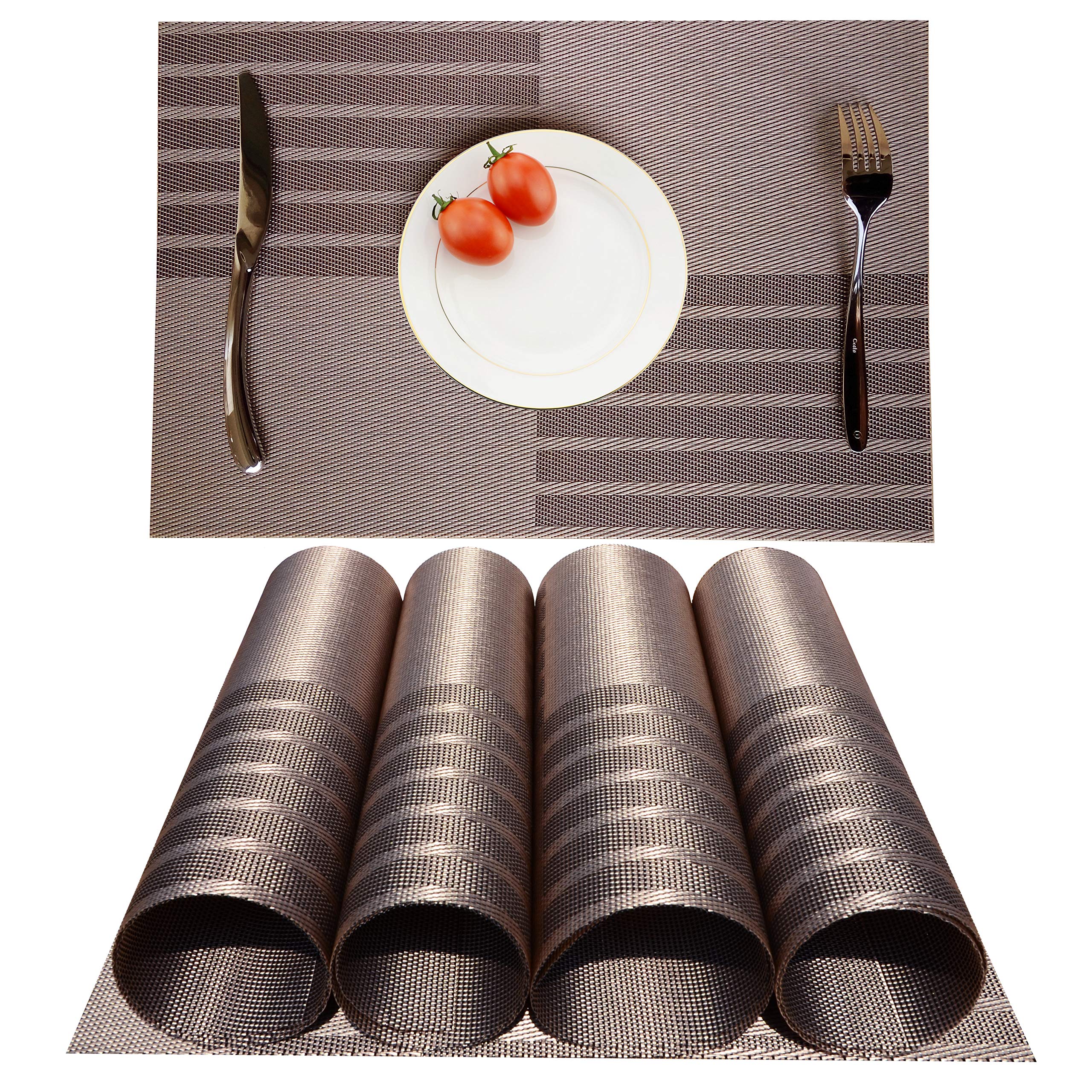Placemats Dining Table Place mats Anti-Skid Washable PVC Kitchen Table Mats, Set of 4(Coffe+Silver)