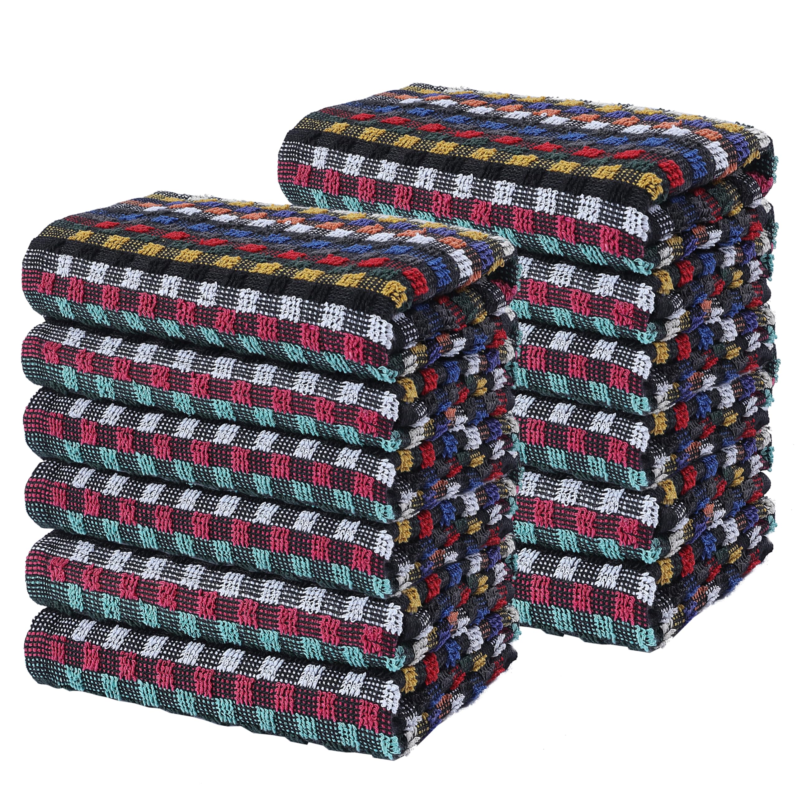 Olivia Rocco 12 Pack Multi Check Terry Tea Towel 100% Cotton Kitchen Towels Super Absorbent Quick Drying Dish Cloths for Home Essential- 12 PK