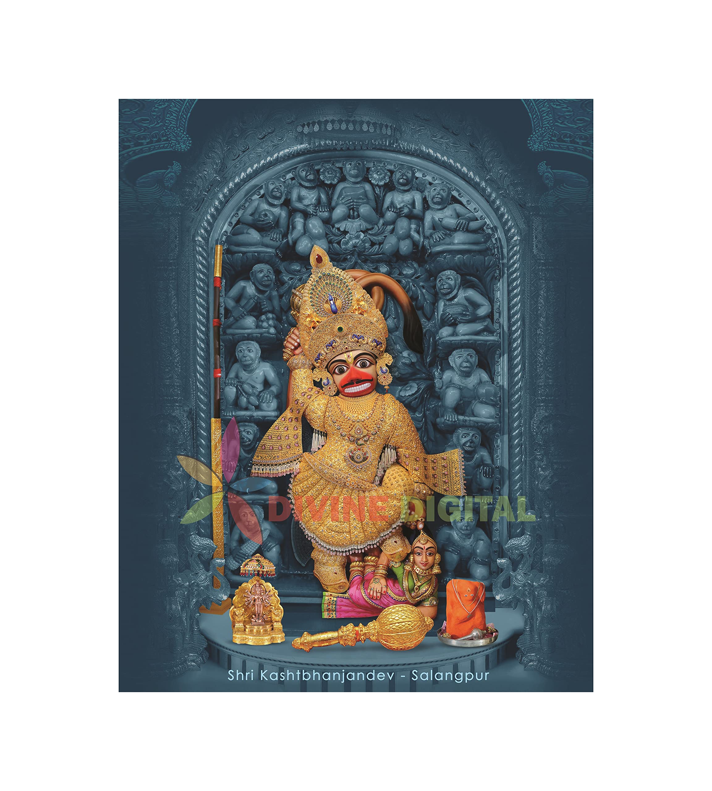 DIVINE DIGITAL Salangpur Golden Hanumanji Maharaj Canvas Poster with PVC Frame Wall Art (Blue Backgraund With Matte finished18x24 inch)