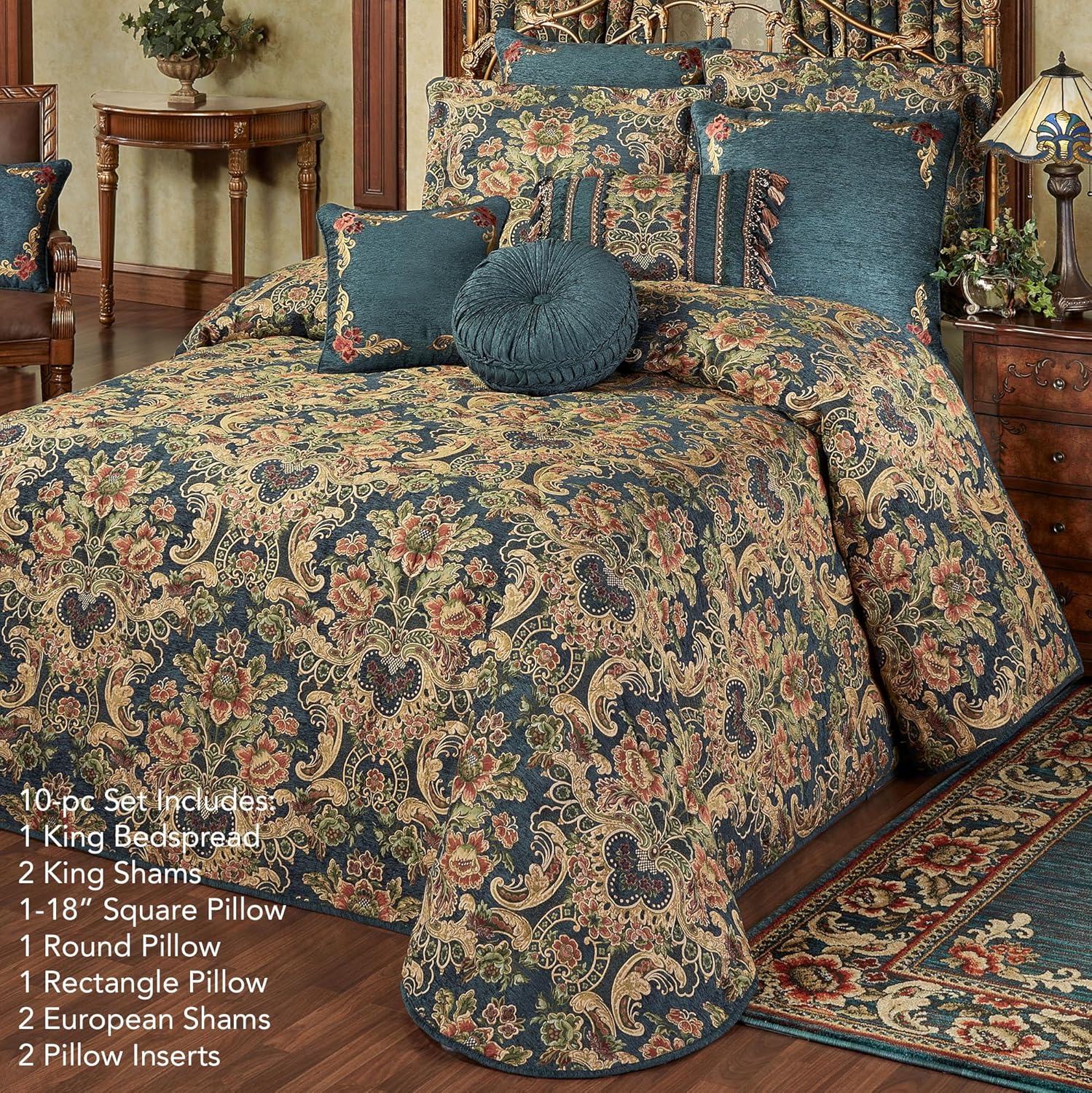 Casanova Chateau Luxury Bedding | Dark Teal Chenille | Colorful Jacobean Florals | 10 Piece Bed Set: King Bedspread, 2 King Shams, 2 European Shams, 2 European Pillow Inserts, and 3 Decorative Pillows