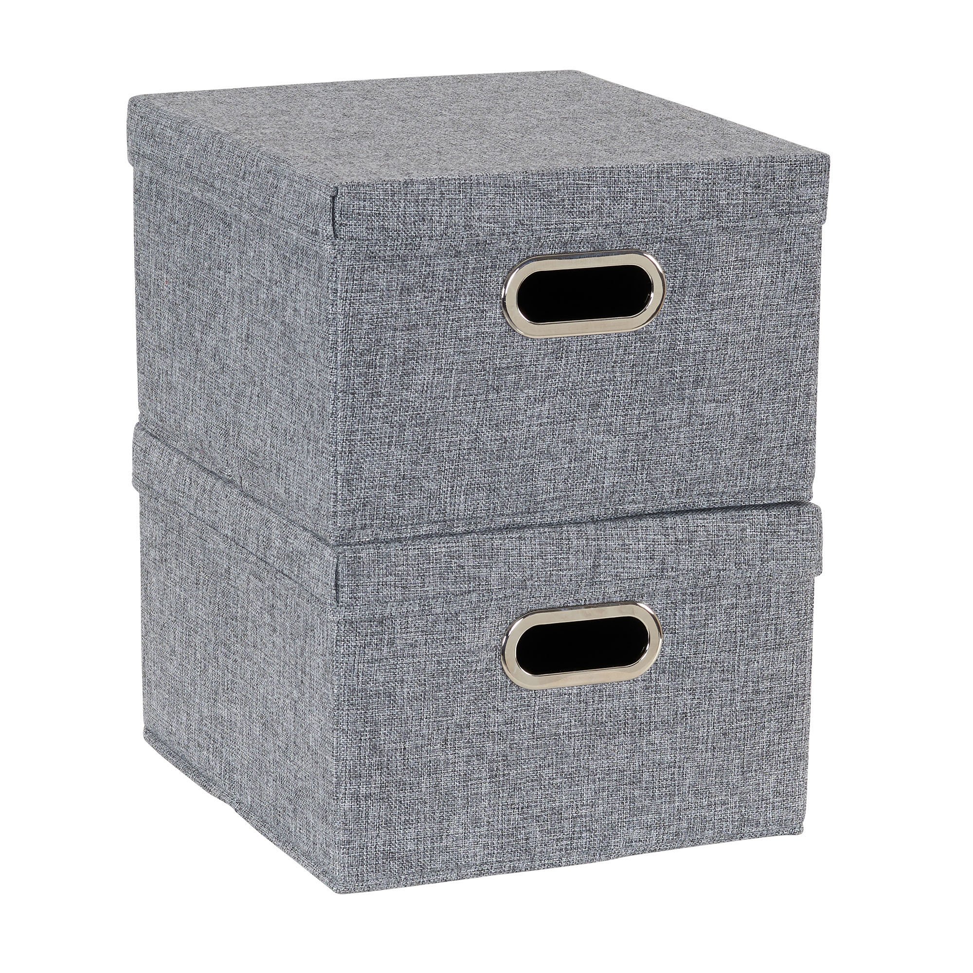 Household Essentials Collapsible Cotton Blend Storage Box with Lid and Metal Grommet Handle, Set of 2, Grey