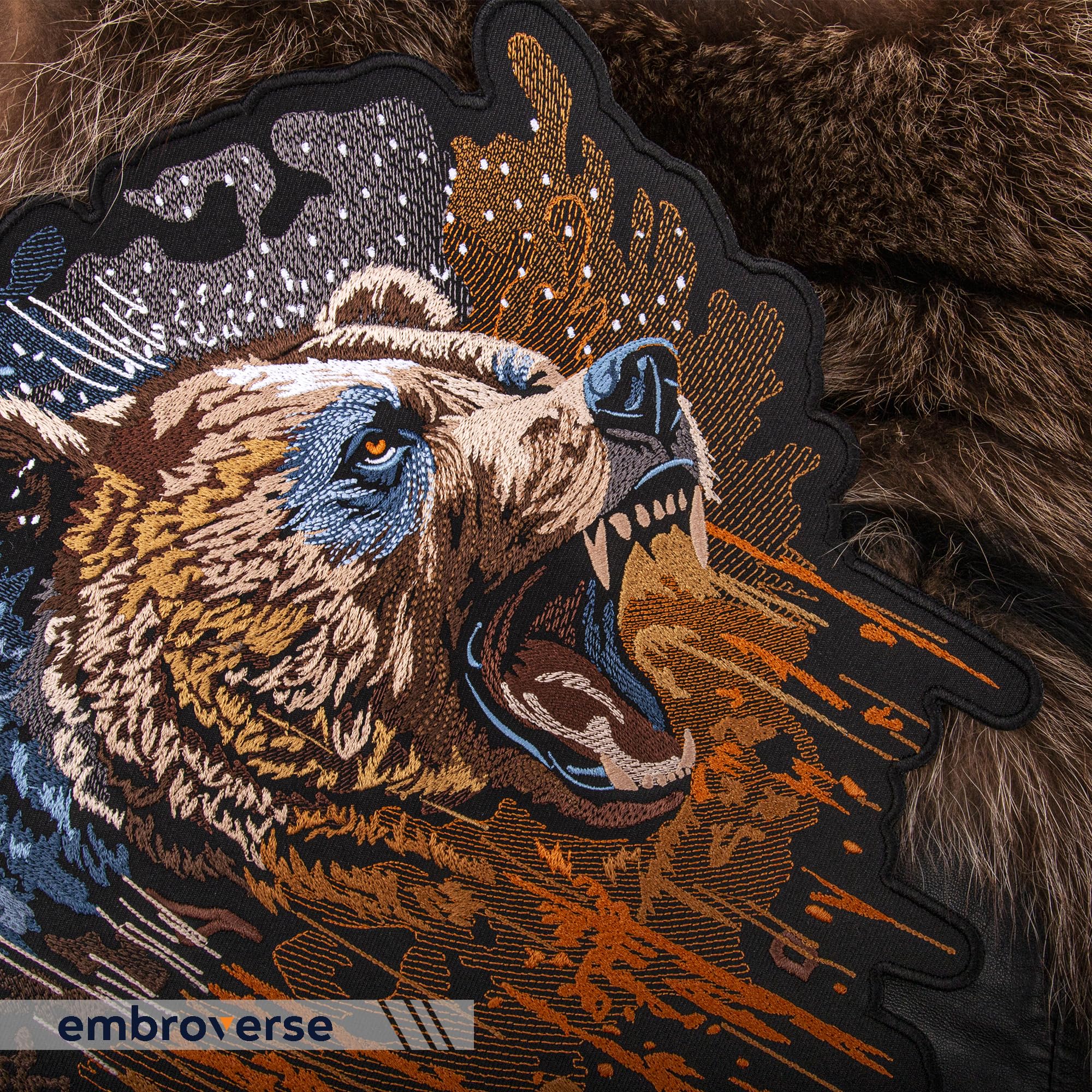 EMBROVERSE Parche de cabeza de oso feroz, bordado para planchar con diseño de bestia enojada salvaje, emblema de poder de espíritu motero, 13.3 x 11.8 pulgadas