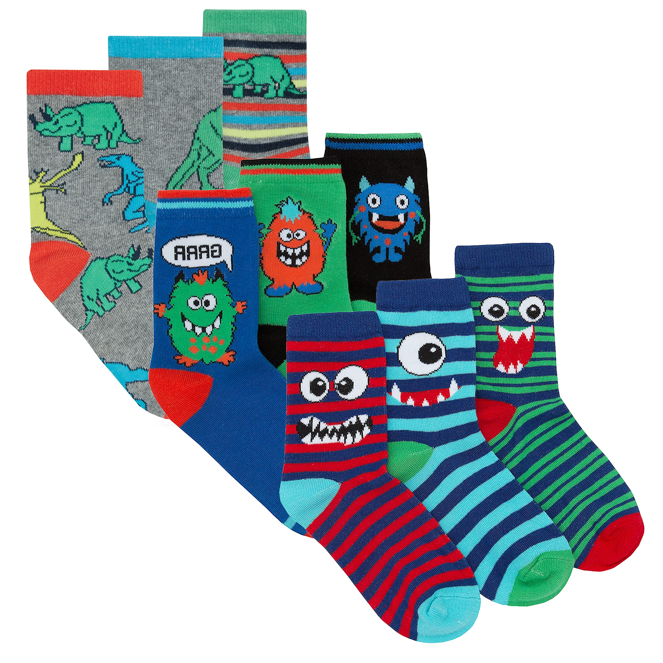 Metzuyan Boys Novelty Cotton Rich Socks 9 Pairs Funky Characters Monster Faces Dino Stripe 6-8.5