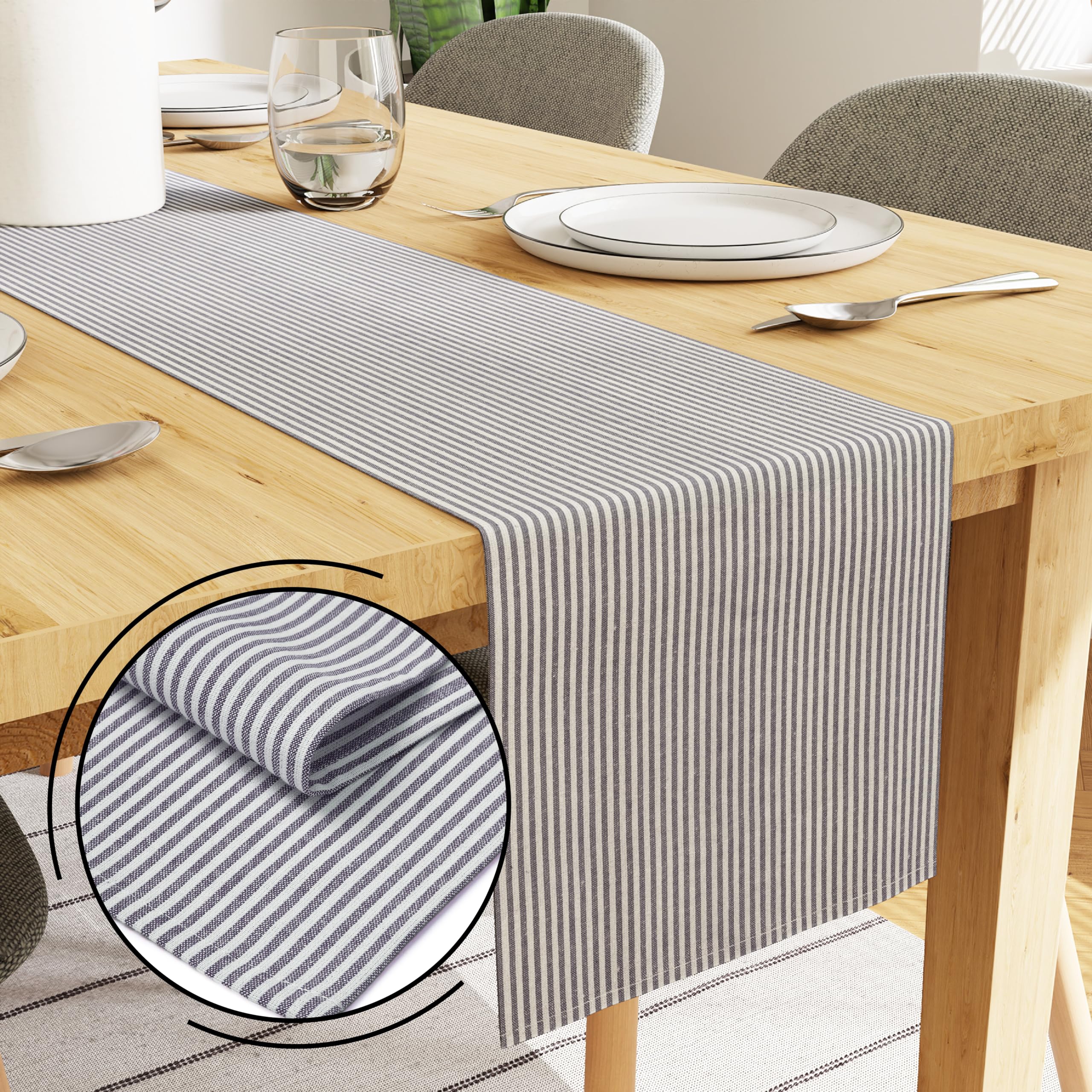 Encasa XO Cotton Dining Table Runner, Ticking Navy Blue, 32x240 cm