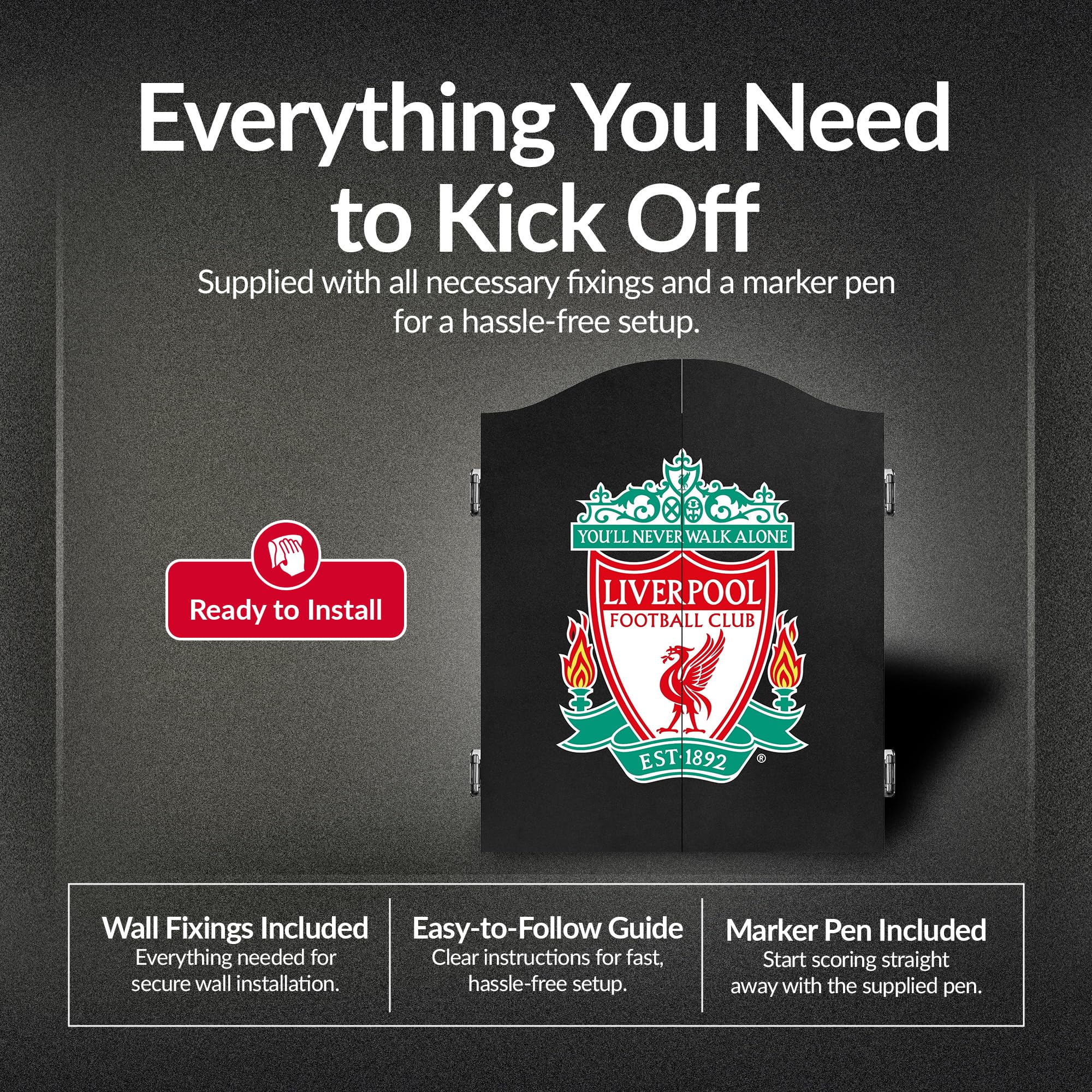 FOCO Gabinete de dardos y diana con licencia oficial del Liverpool Football Club The Reds, escudo del club, negro (CAB076)