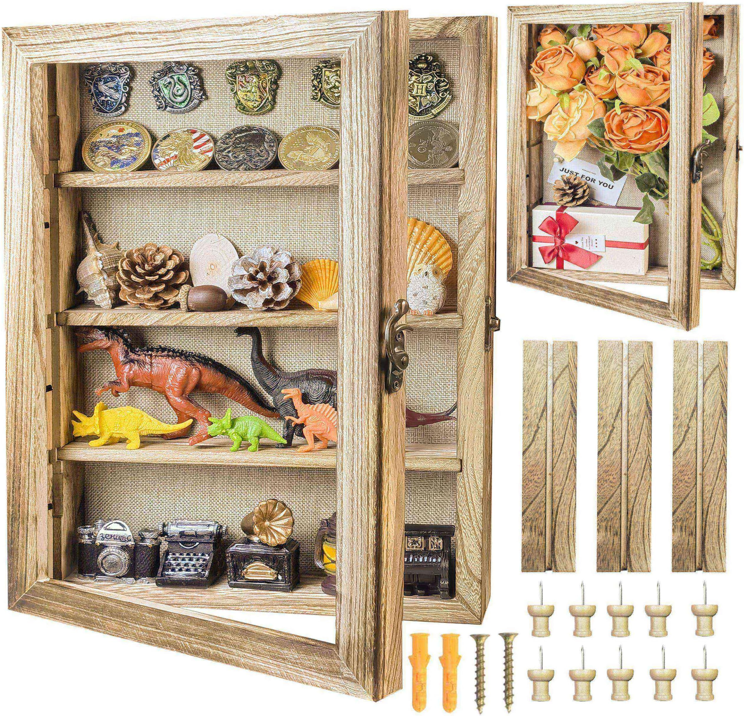 Houstimi11x16 Large Shadow Box Frame Deep Shadow Box with Shelves Pet Memorial Shadow Box Display Case with Linen Back for Flowers, Pictures, Medals, Coins, Pins Collection and More(Original wood)