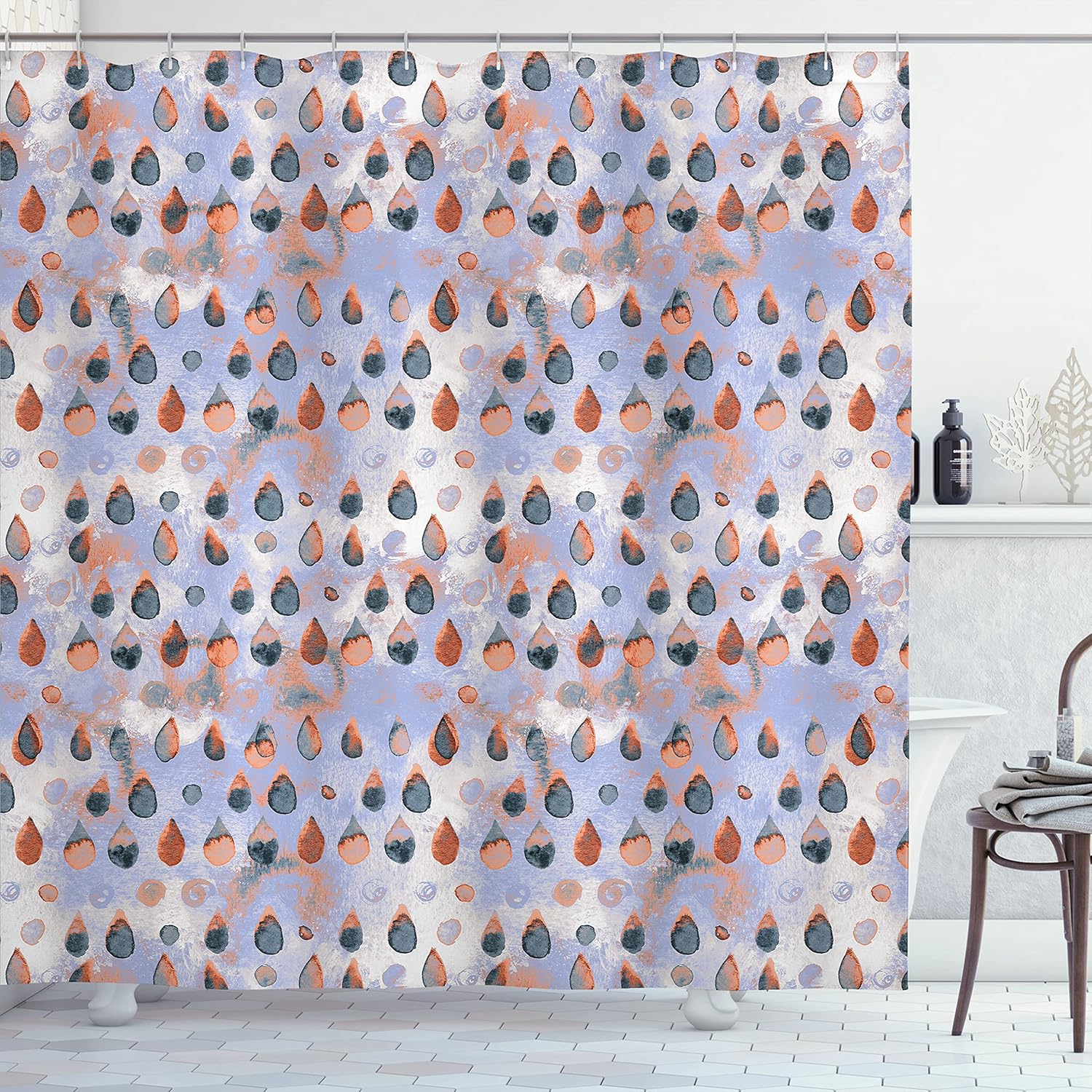 Ambesonne Modern Shower Curtain, Abstract Blue Watercolor Drops Aquarelle Art Rain Teardrop Quirky Style of Art, Cloth Fabric Bathroom Decor Set with Hooks, 70" Long, Pale Teal