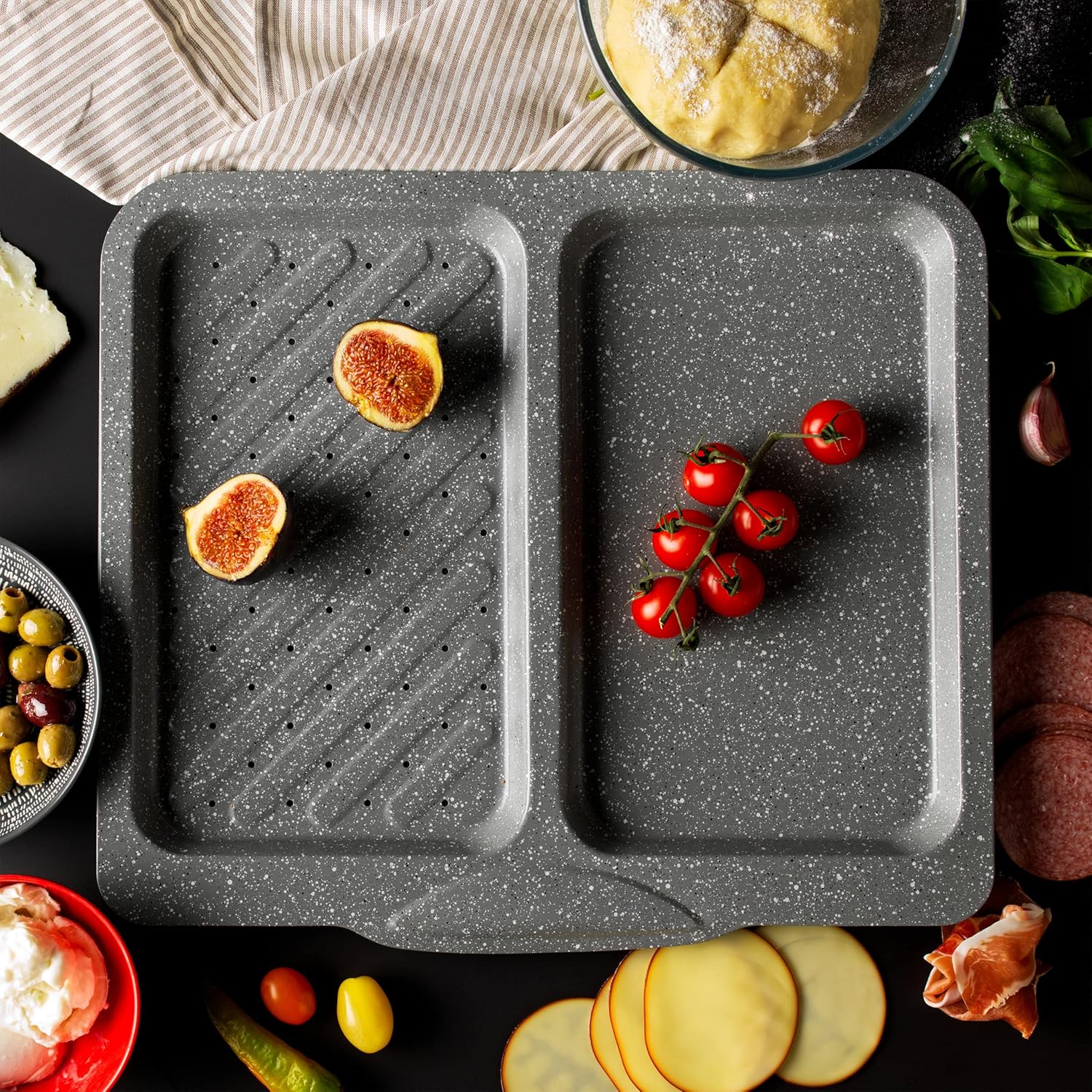 Salter BW10737 Marblestone Split Dual Function Baking Tray, Non-Stick Oven Sheet, Carbon Steel Chip Tray, Perforated/Ridged for Crisping/Searing, PFOA-Free, Oven Safe Up to 220°C, Batch Cooking, Grey