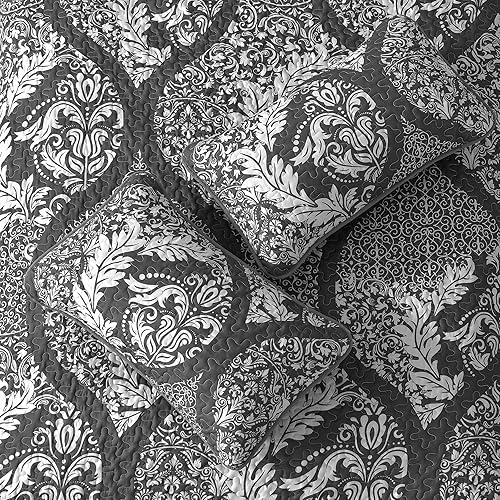 Miniatura 7 de Juego de edredón gris tamaño Queen, juego de colcha de damasco bohemio, juego de ropa de cama de lujo de microfibra suave y ligera, juego de 3